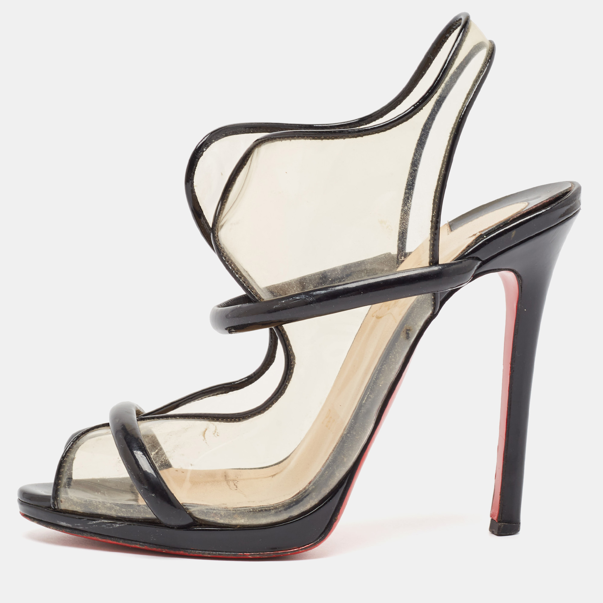 

Christian Louboutin Black Patent and PVC Aqua Ronda Sandals Size