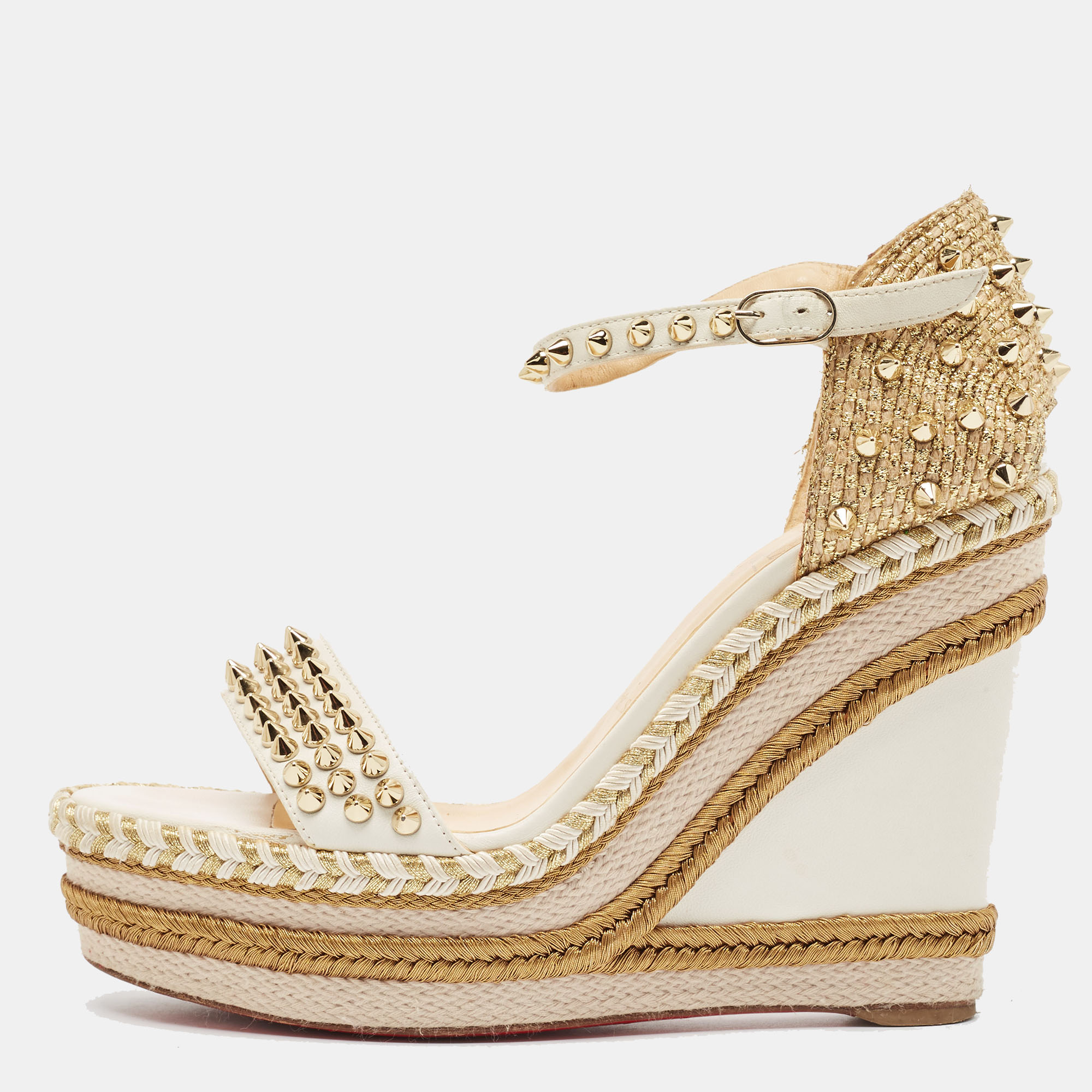 

Christian Louboutin Cream Leather and Raffia Wedge Ankle Strap Sandals Size