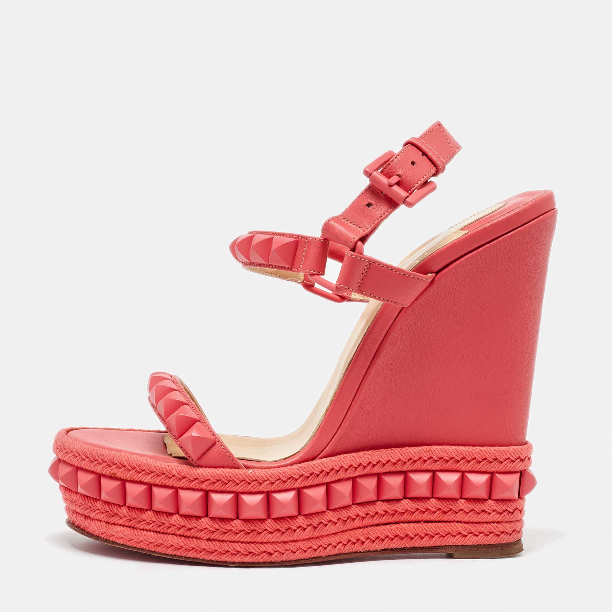 

Christian Louboutin Coral Leather Pyraclou Wedge Sandals Size, Orange