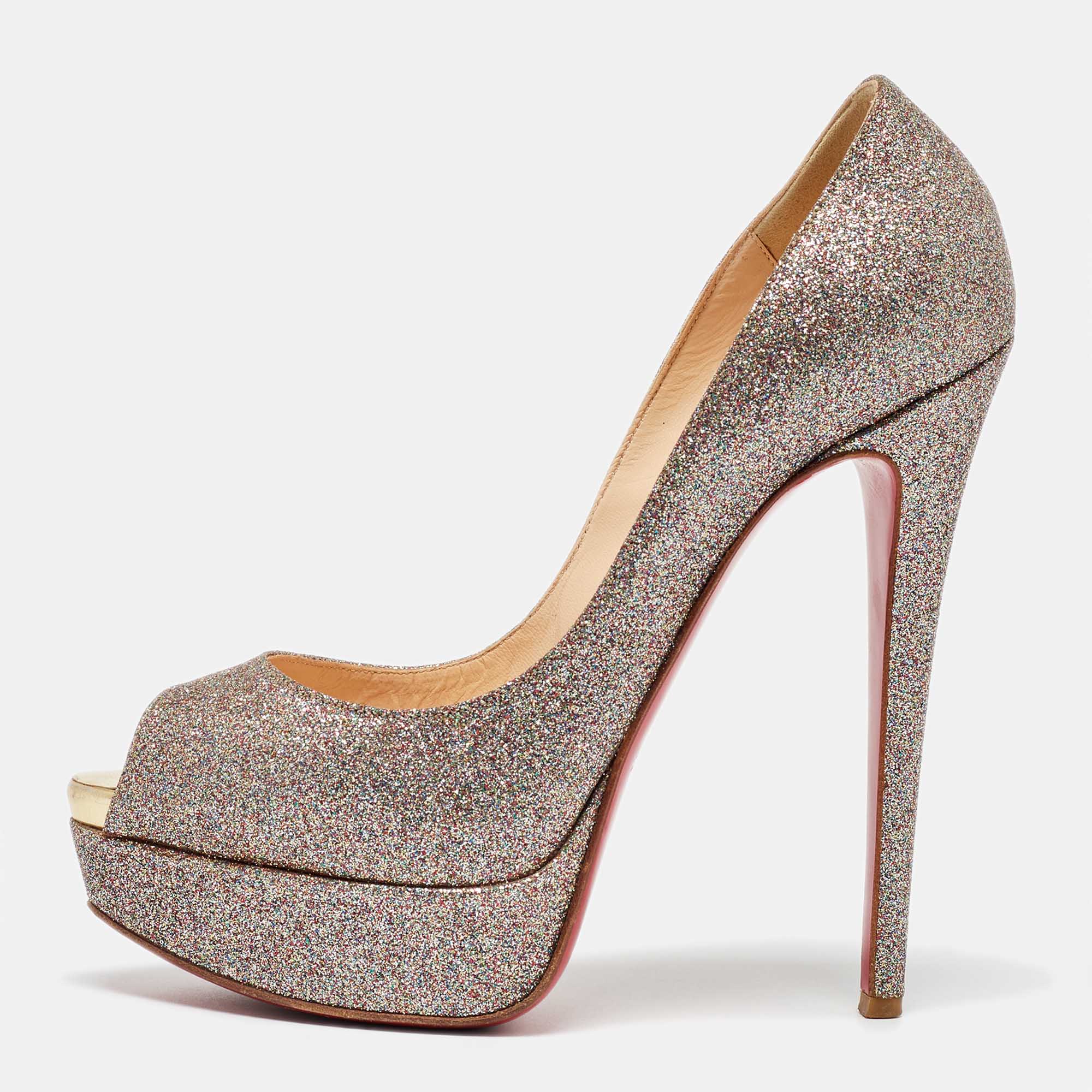 

Christian Louboutin Metallic Multicolor Glitter Lady Peep Toe Platform Pumps Size