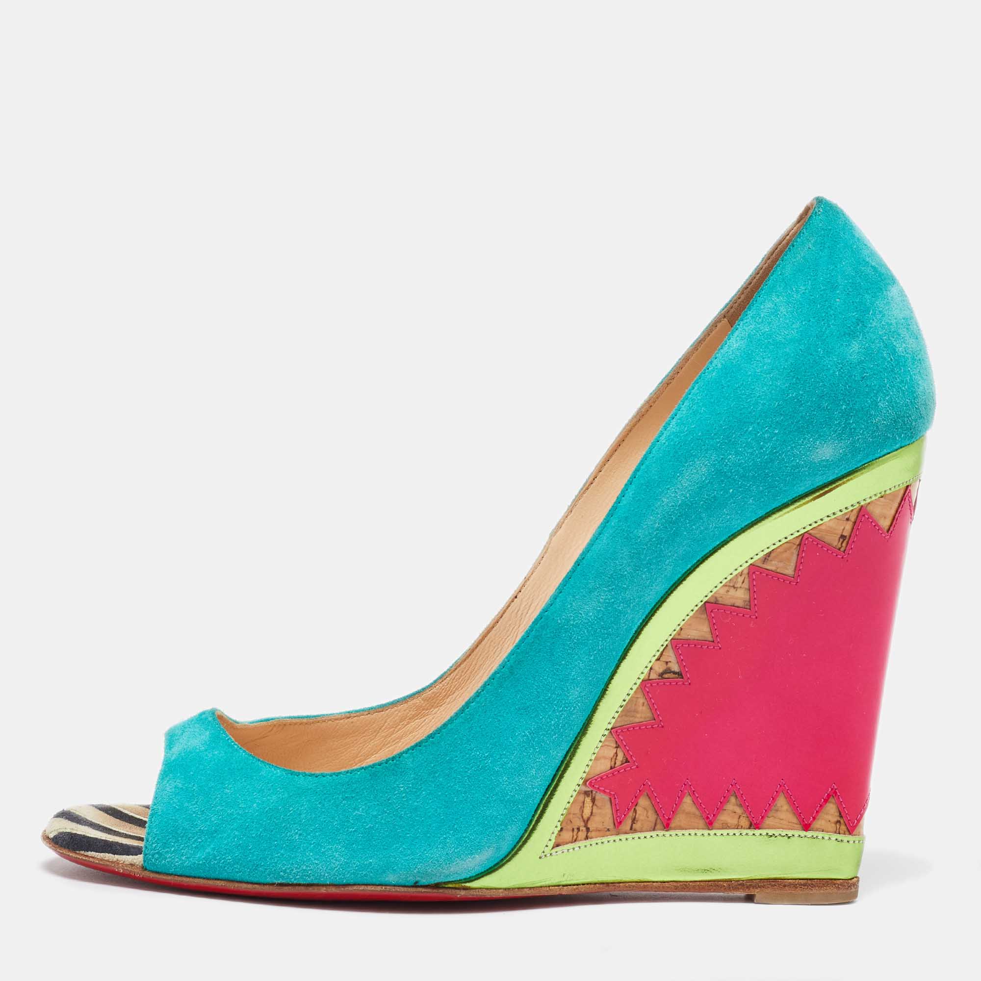 

Christian Louboutin Multicolor Suede and Patent Leather Miramar Wedge Pumps Size