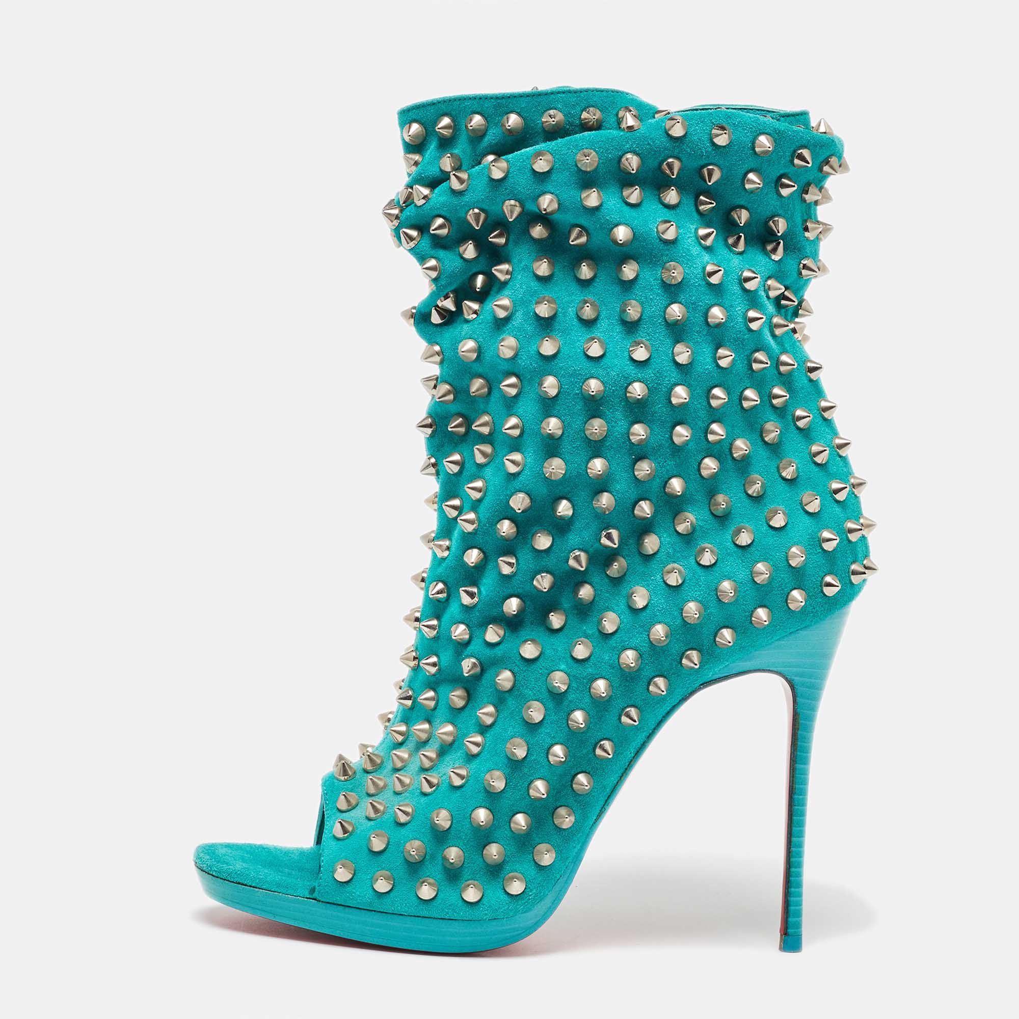 

Christian Louboutin Aqua Blue Suede Guerilla Spiked Ankle Length Boots Size