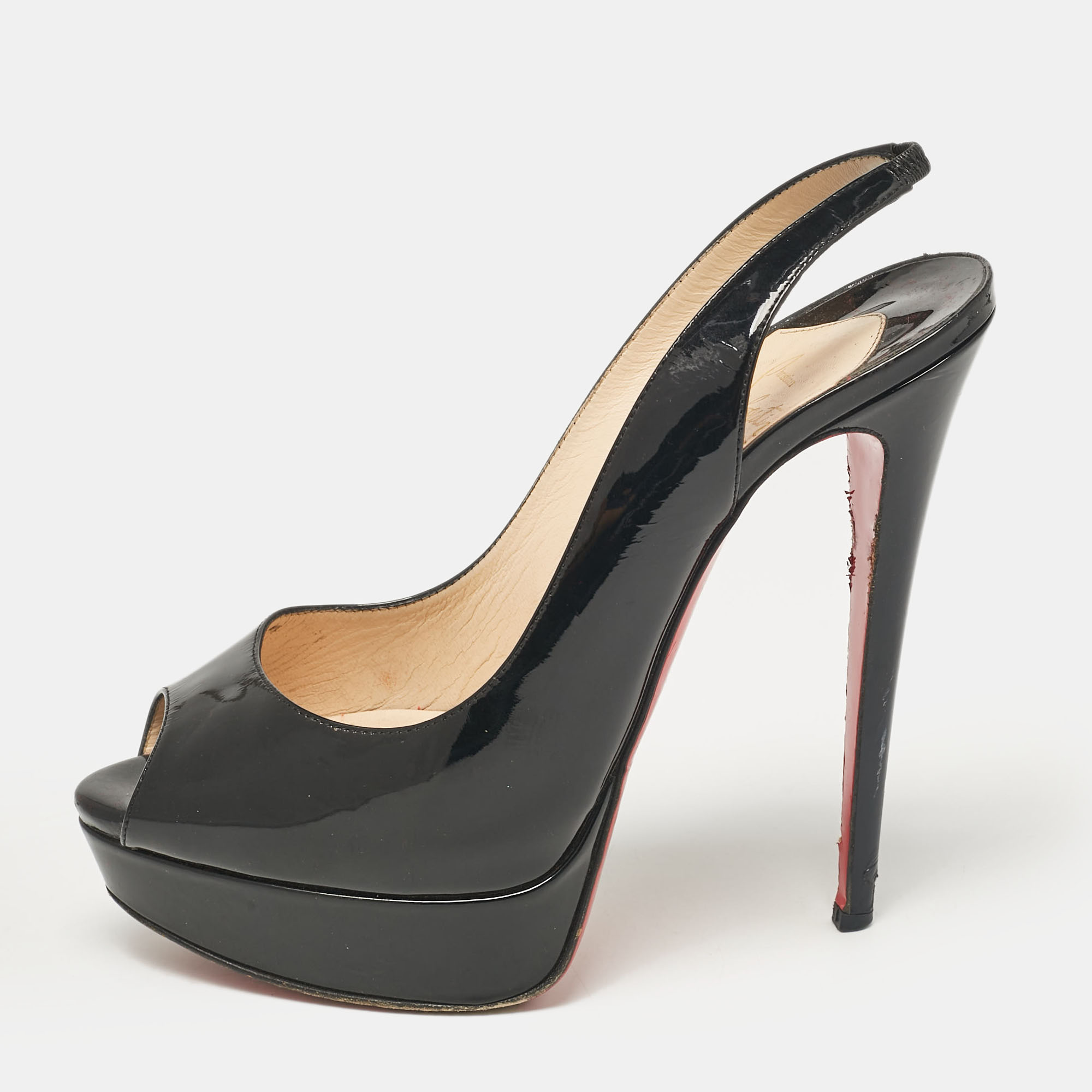 

Christian Louboutin Black Patent Leather Lady Peep Slingback Pumps Size