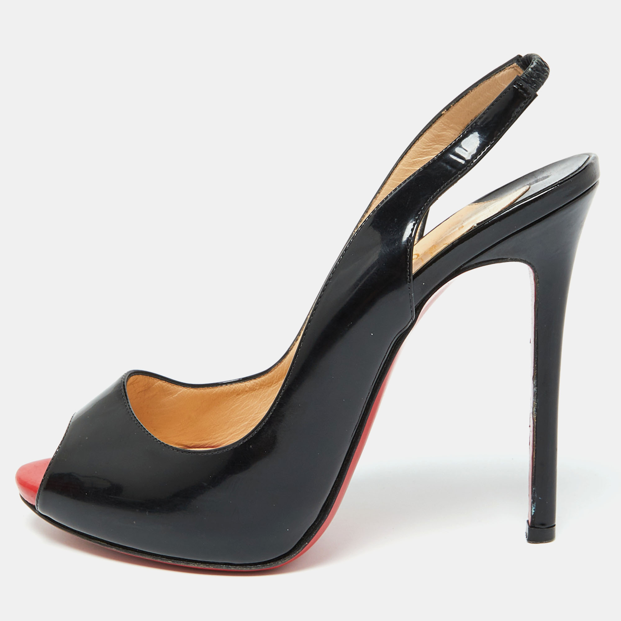 Pre-owned Christian Louboutin Black Patent Leather Private Number Slingback Sandals Size 37.5