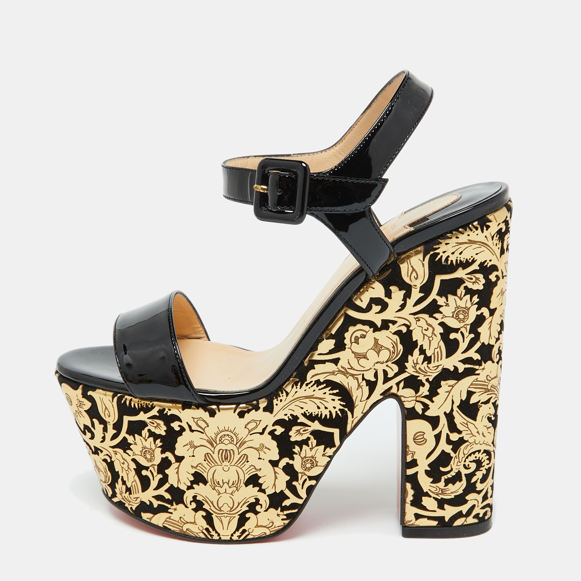 

Christian Louboutin Black/Gold Patent Leather Bella Tige Floral Platform Sandals Size