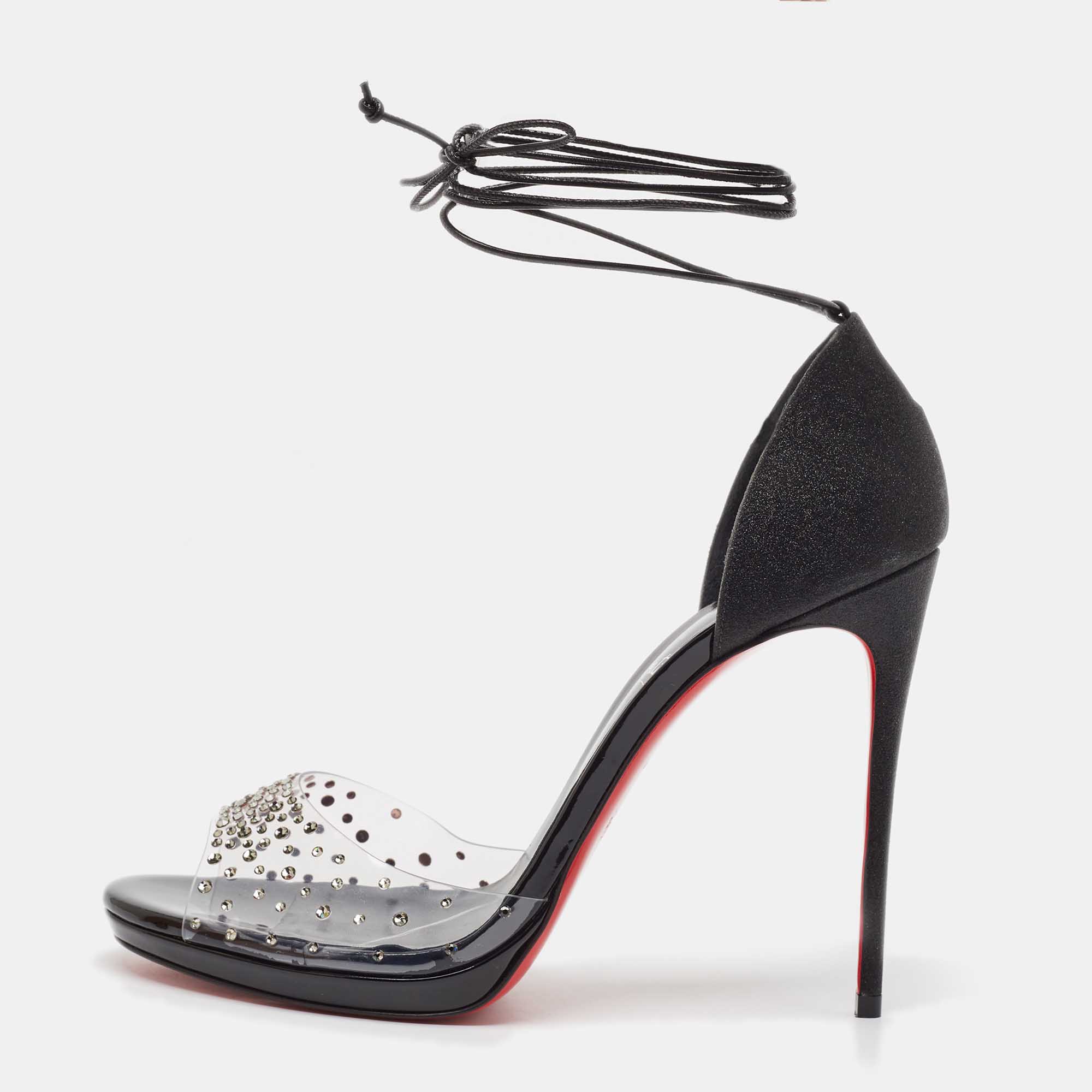 

Christian Louboutin Black/Transparent Degratina Frou 120 Ankle Strap Sandals Size