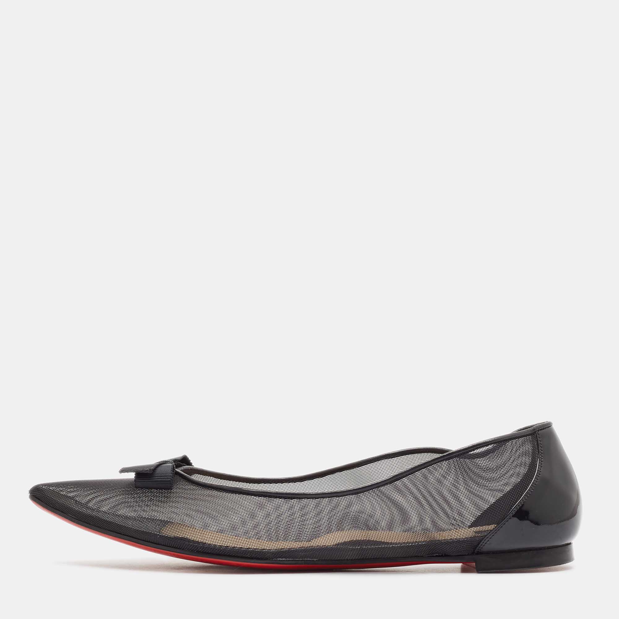 Pre-owned Christian Louboutin Black Mesh And Patent Leather Ballet Flats Size 38