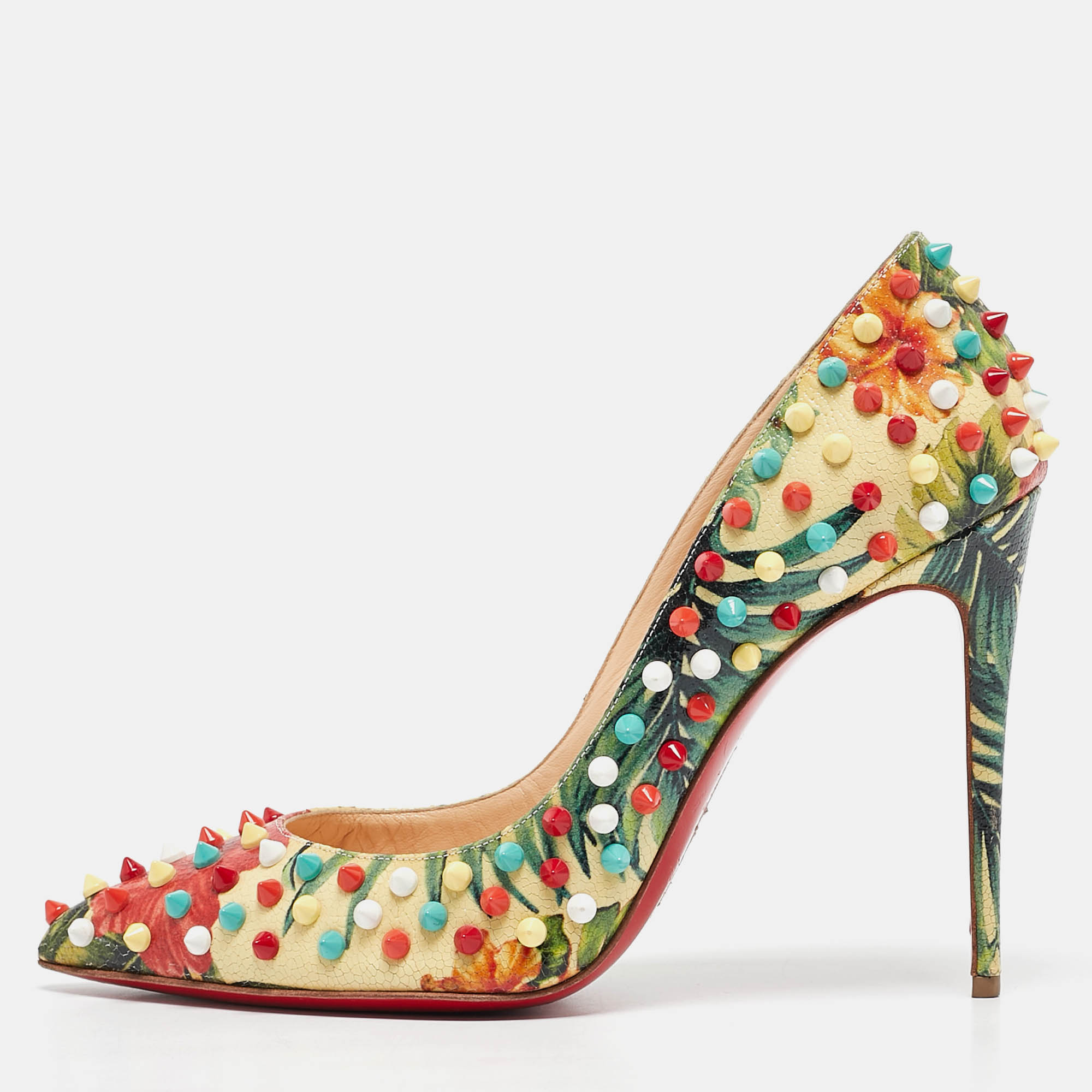 

Christian Louboutin Multicolor Hawaiin Print Patent Leather Pigalle Follies Spikes Pumps Size