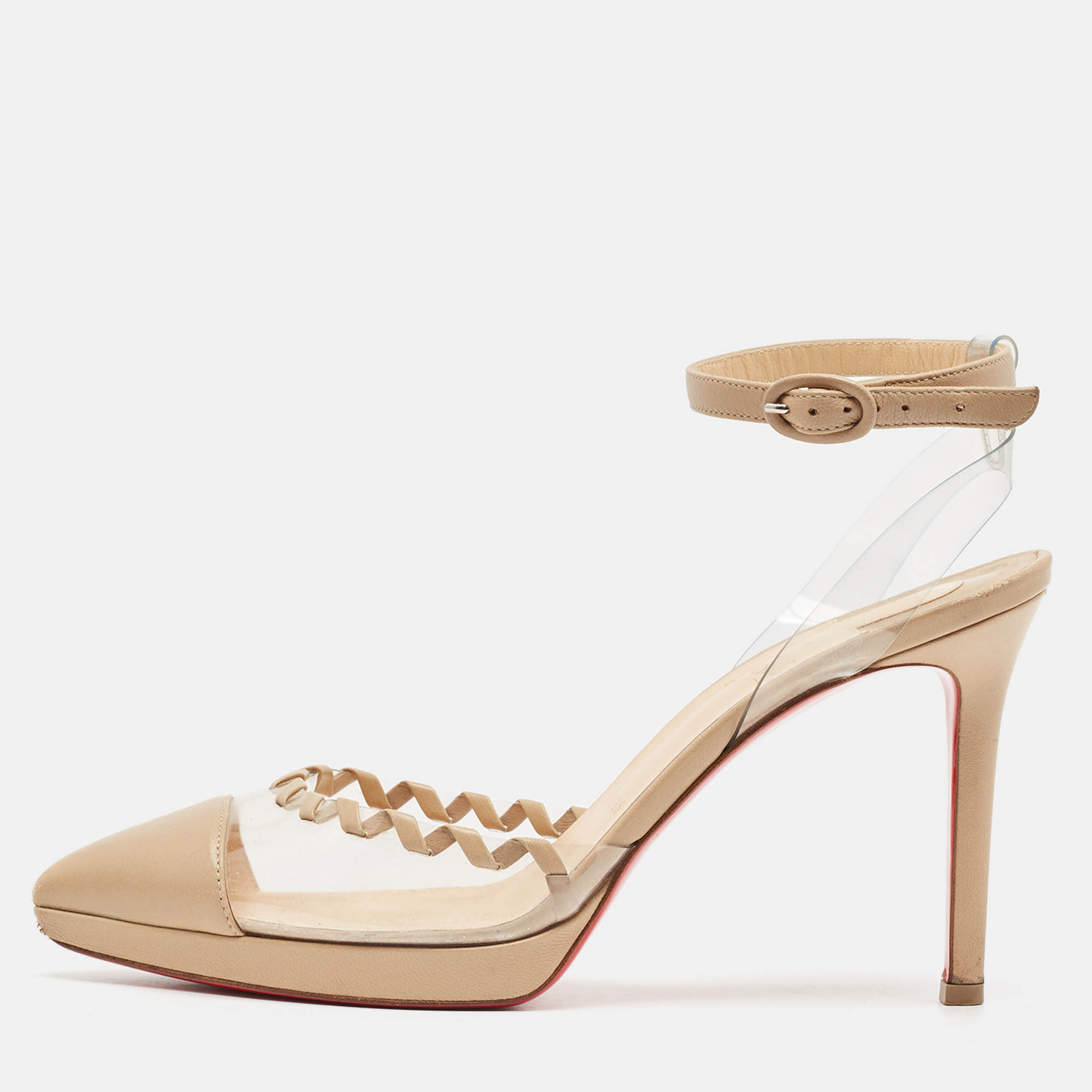 

Christian Louboutin Beige Leather and PVC Platform Ankle Strap Pumps Size