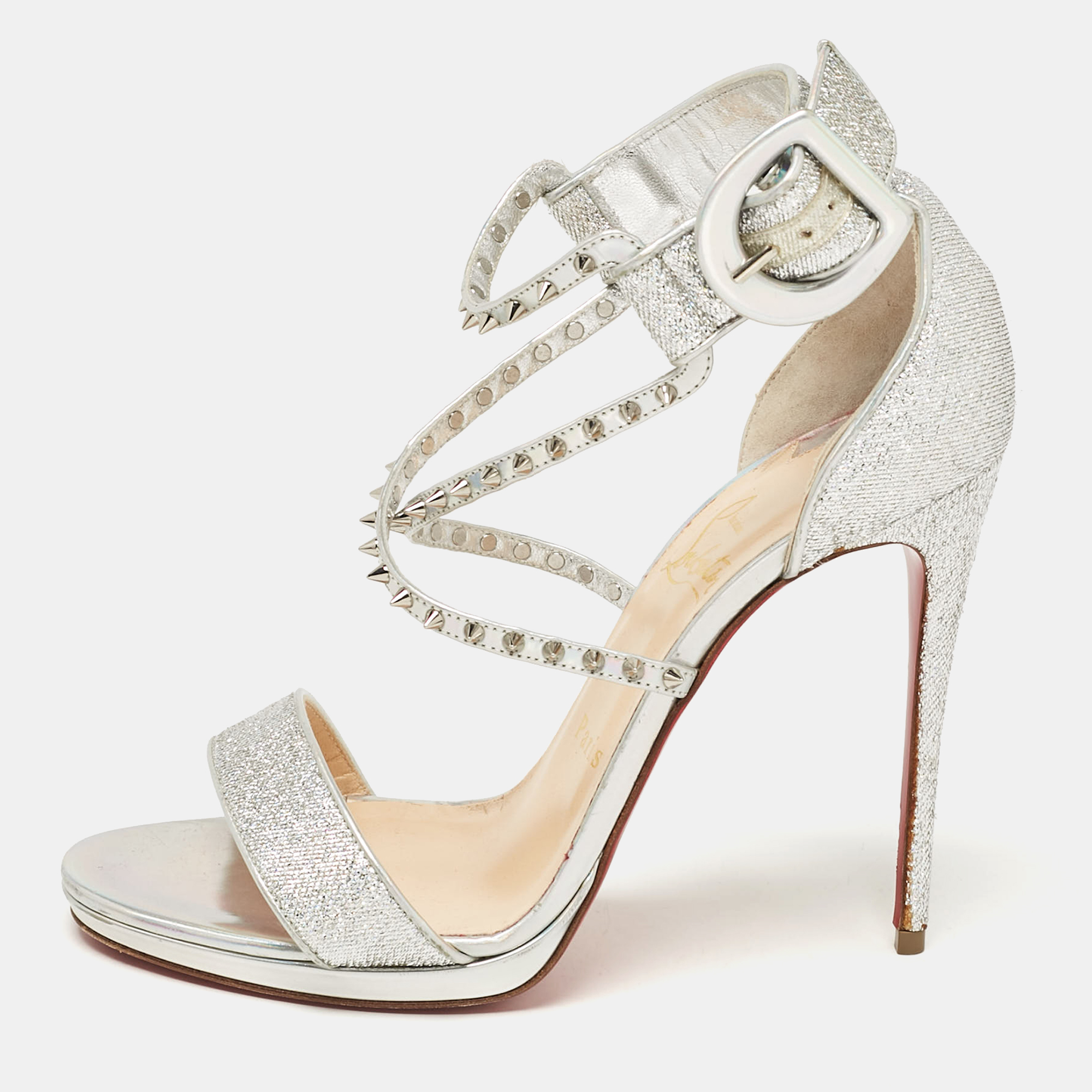 

Christian Louboutin Silver Lurex Fabric and Leather Choca Lux Sandals Size