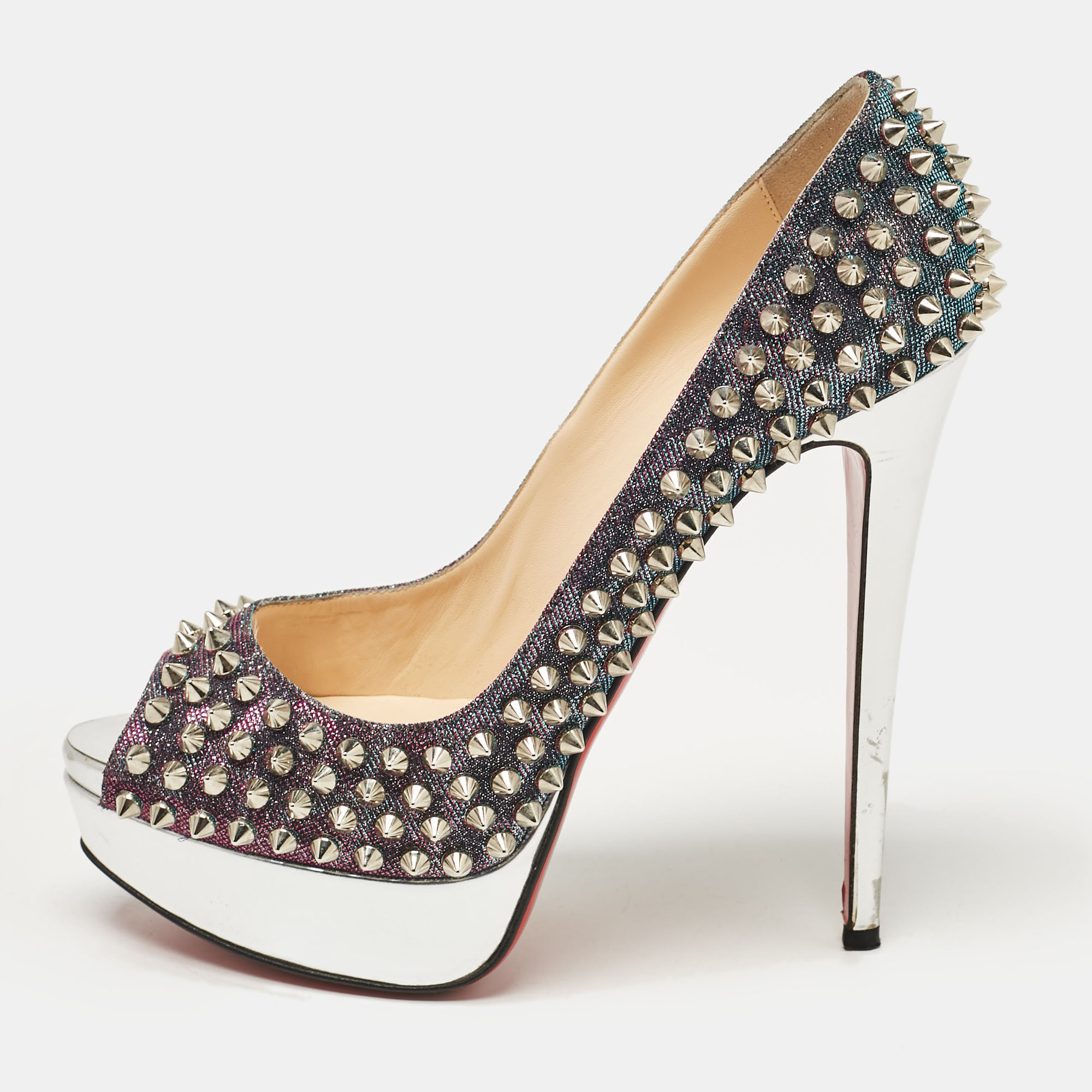 Pre-owned Christian Louboutin Metallic Purple/blue Lurex Fabric Lady Peep Spikes Pumps Size 38.5