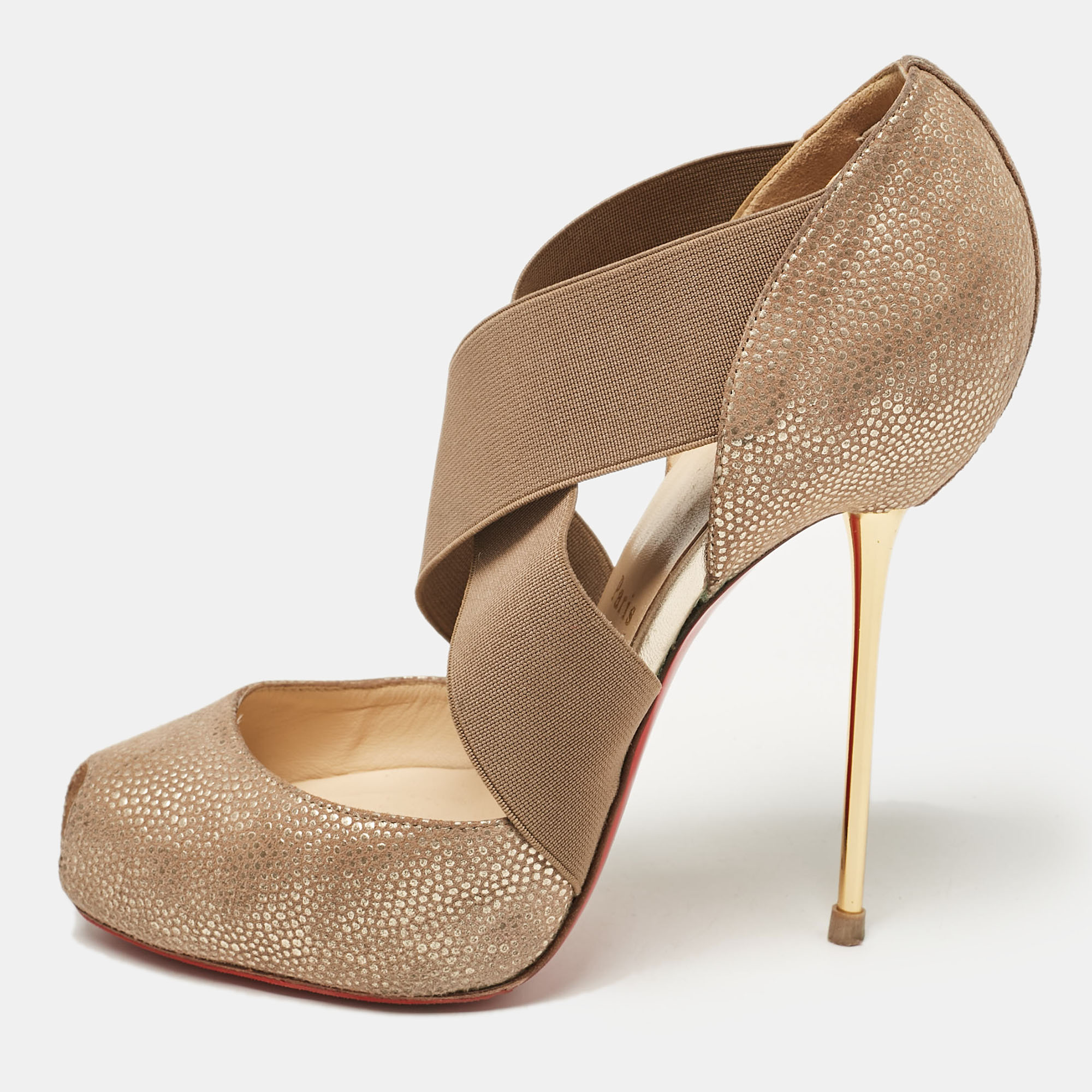 

Christian Louboutin Gold Textured Suede and Elastic Big Dorcet Pumps Size