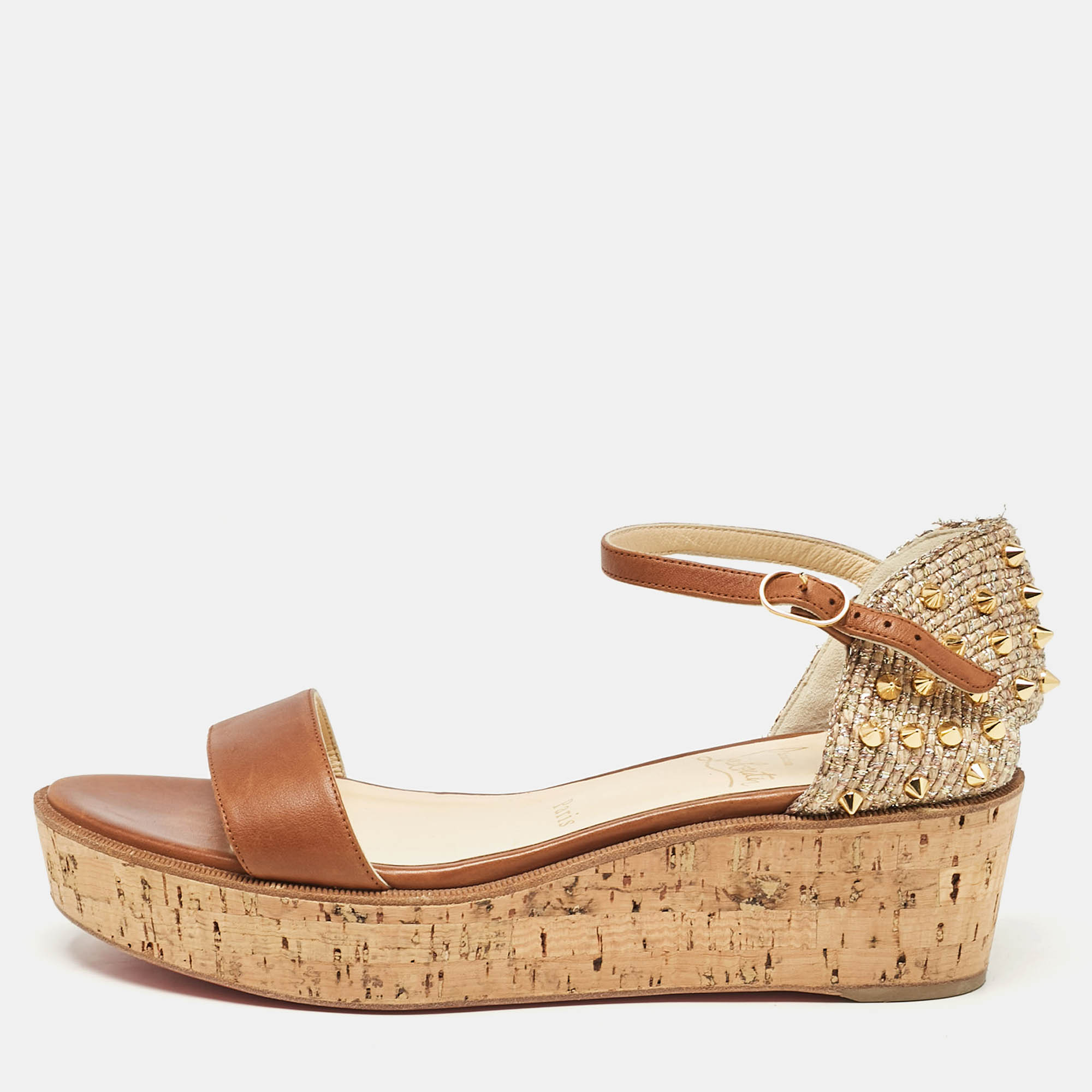 

Christian Louboutin Brown Leather and Tweed Spike Wedge Sandals Size