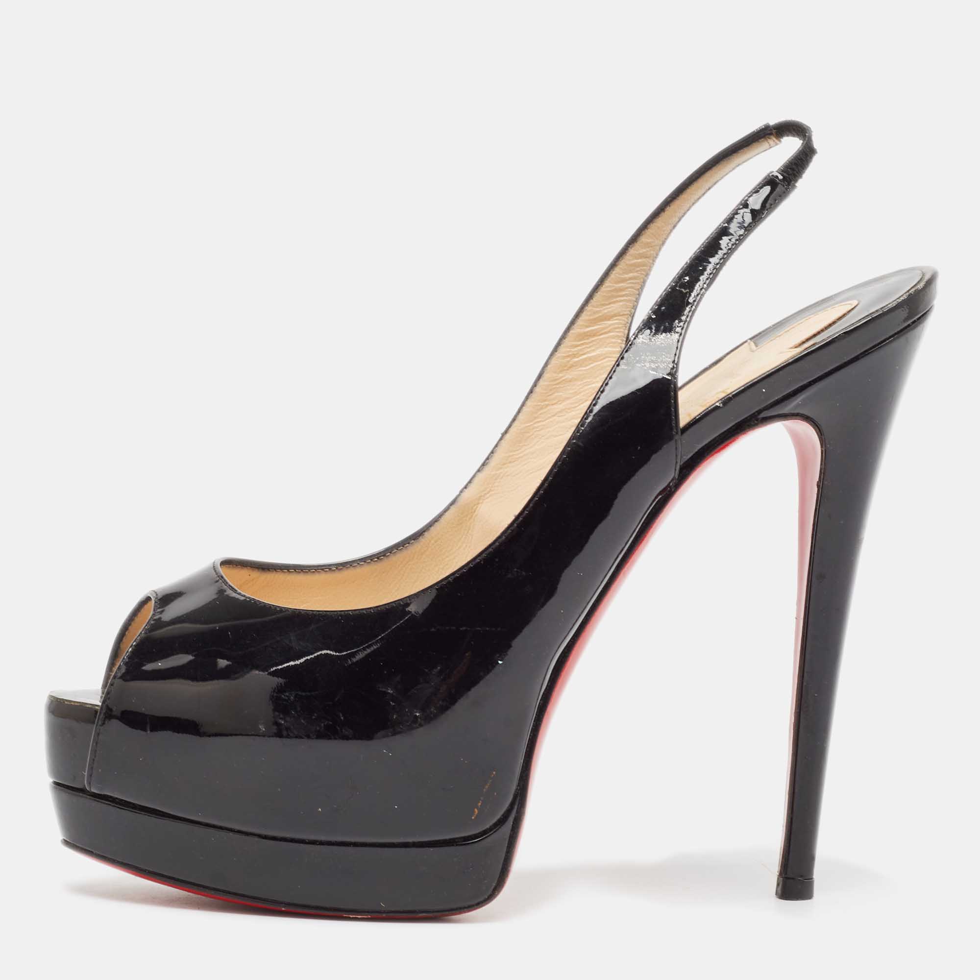 

Christian Louboutin Black Patent Leather Lady Peep Sling Peep Toe Pumps Size