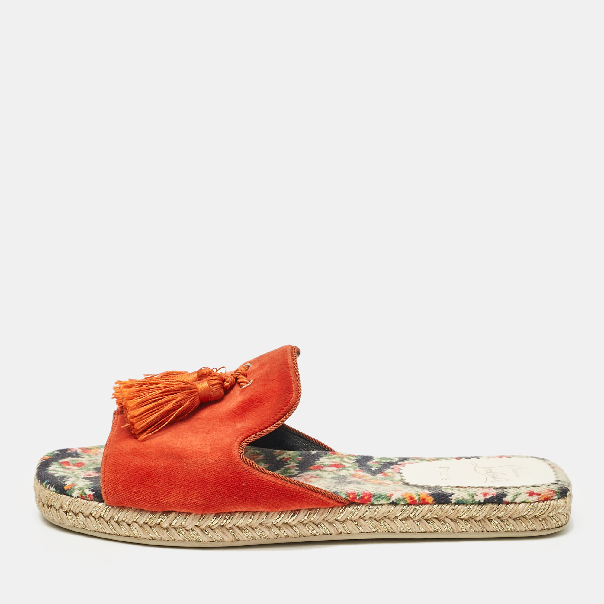 

Christian Louboutin Orange Velvet Espadrille Flat Slides Size