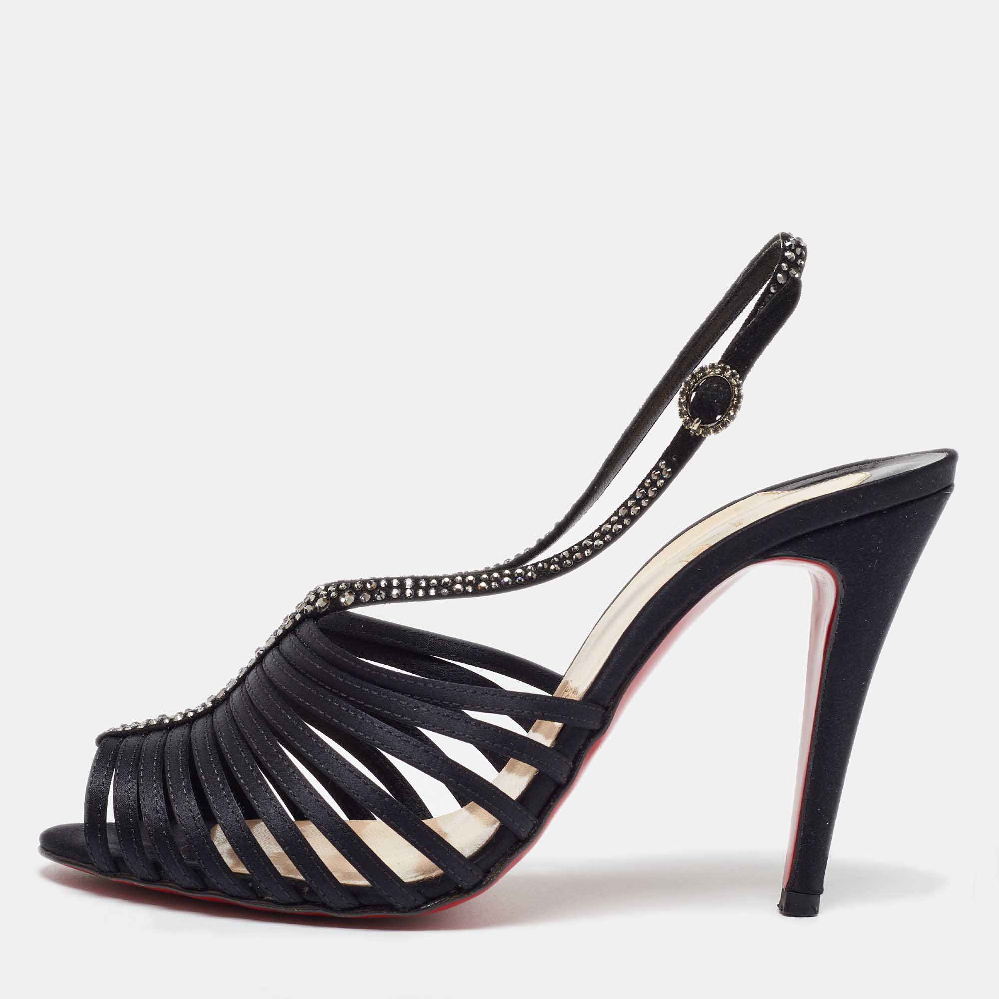 

Christian Louboutin Black Satin Bretelle Ankle Strap Sandals Size