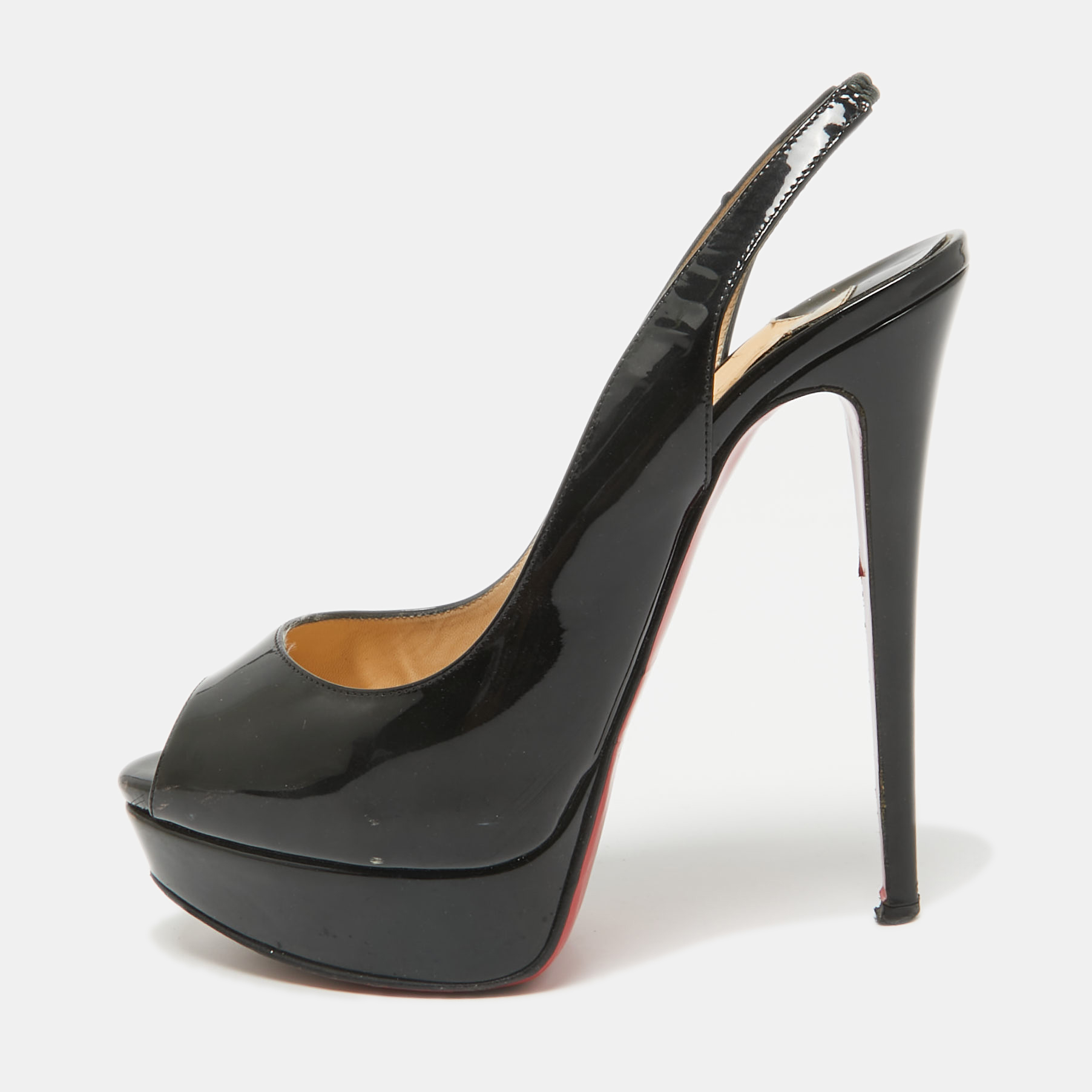 

Christian Louboutin Black Patent Leather Lady Peep Slingback Pumps Size