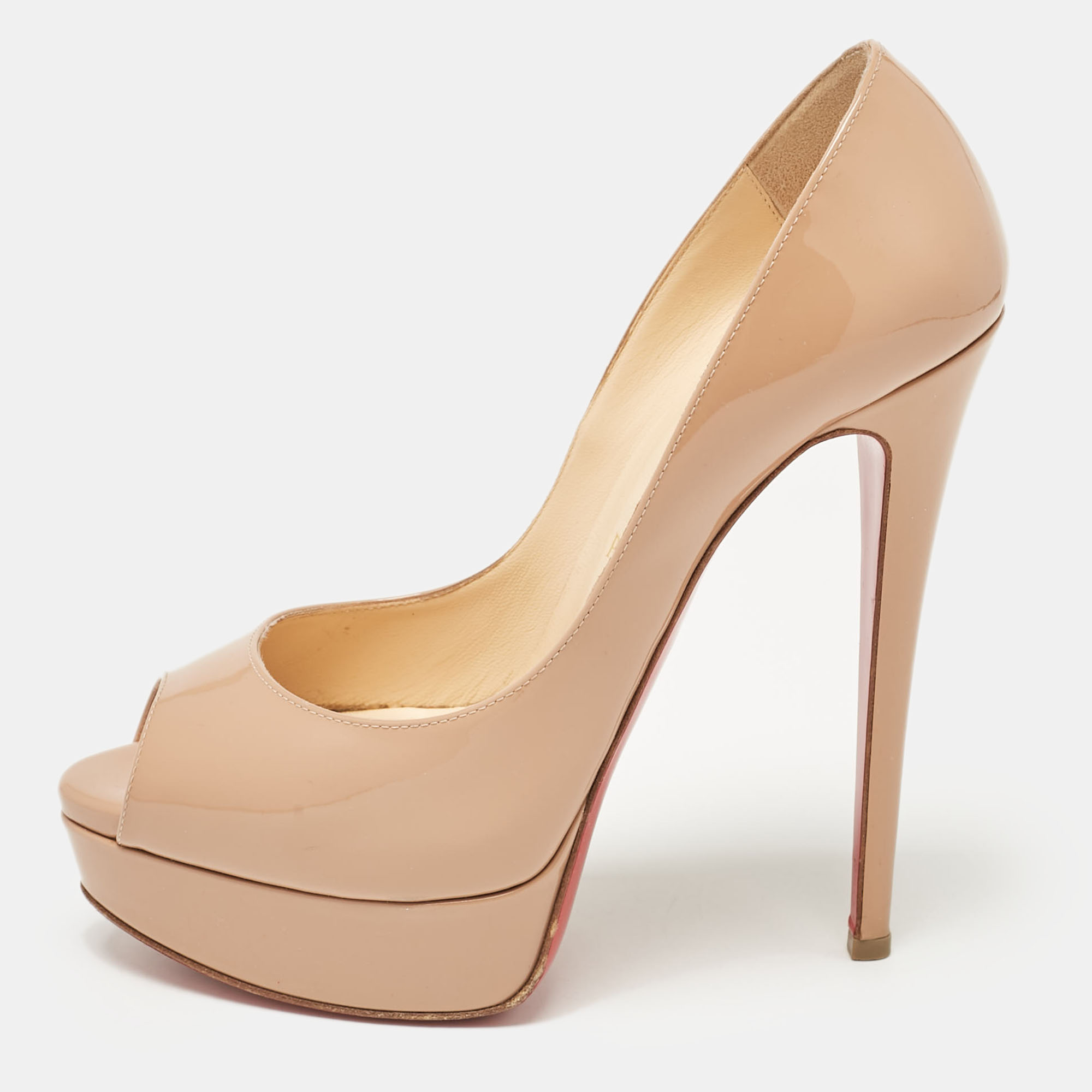 

Christian Louboutin Beige Patent Leather Lady Peep Pumps Size