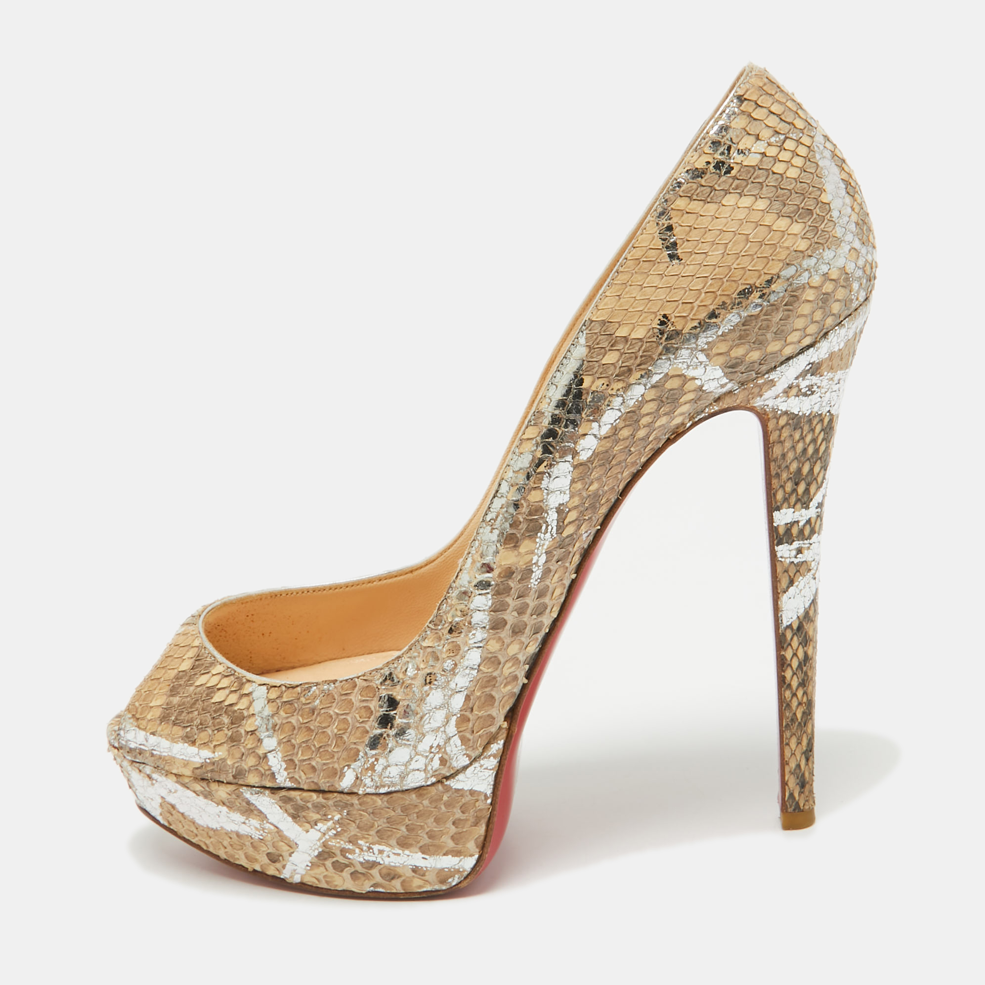 

Christian Louboutin Beige/Silver Python Lady Peep Toe Pumps Size