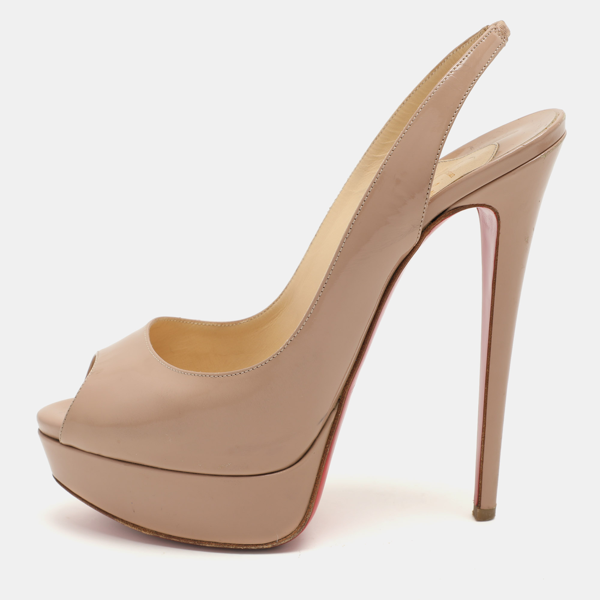 

Christian Louboutin Beige Leather Lady Peep Toe Platform Slingback Sandals Size