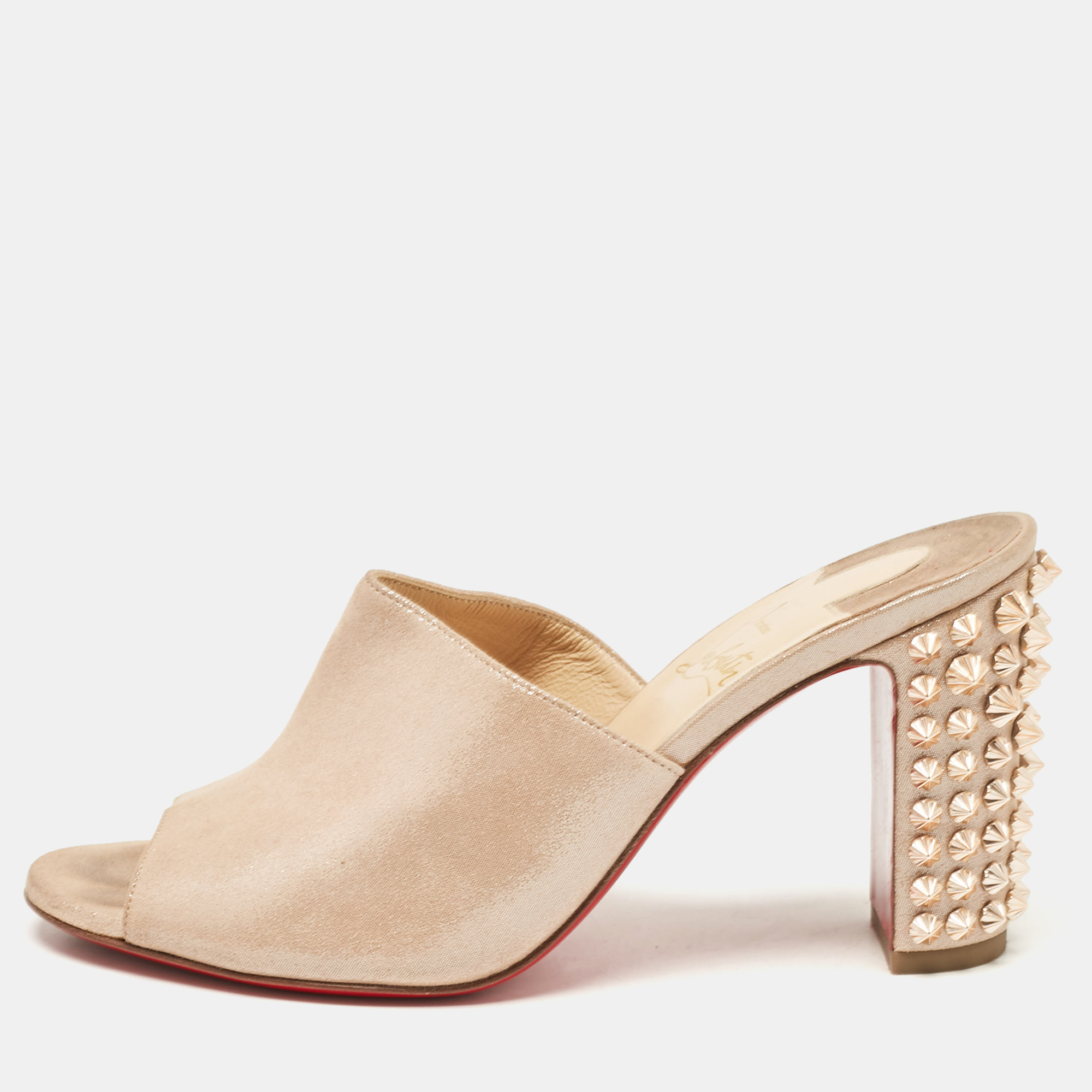 

Christian Louboutin Beige Shimmer Suede Spike Heel Slide Sandals Size