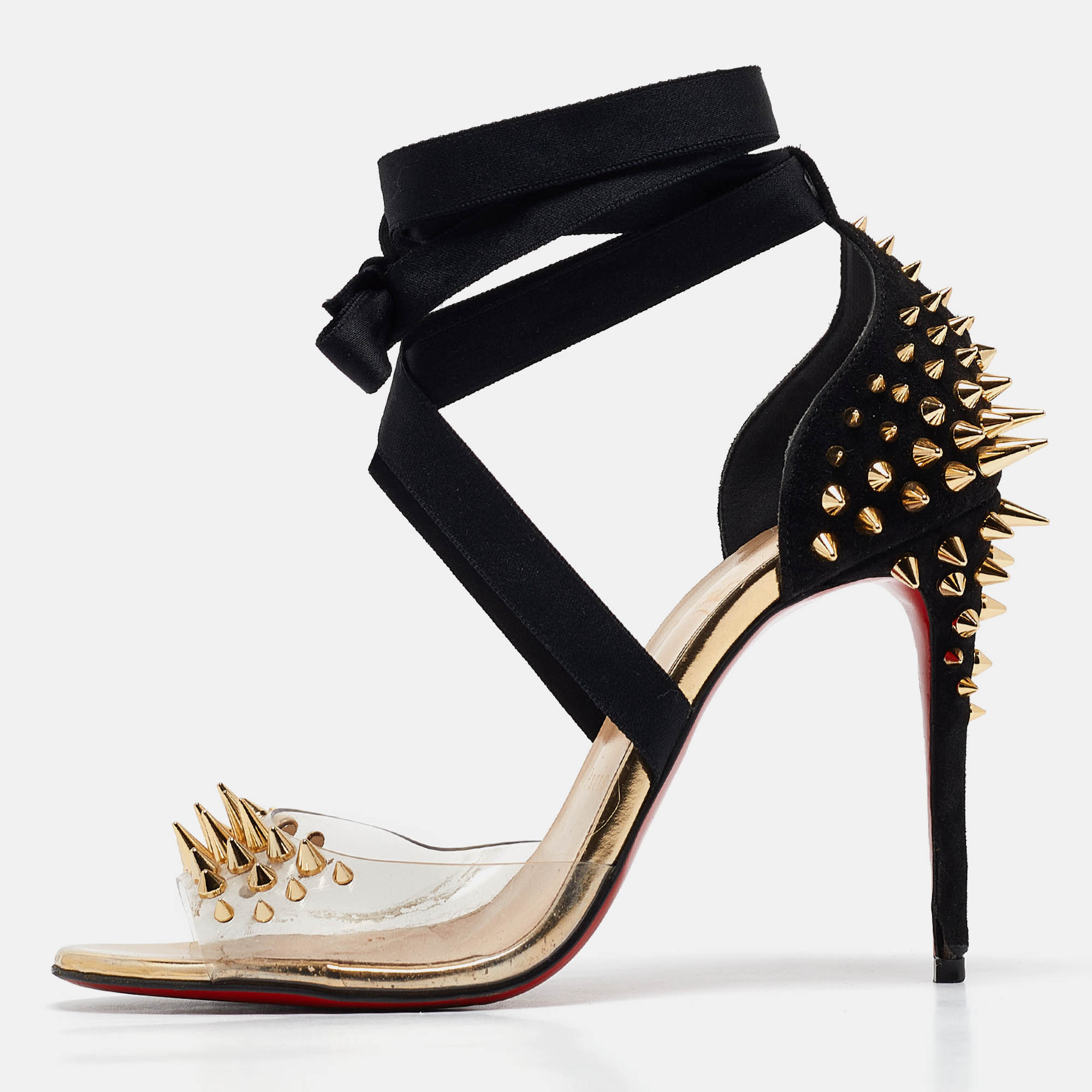 

Christian Louboutin Black Suede and PVC Barbarissima Spike Wrap Sandals Size