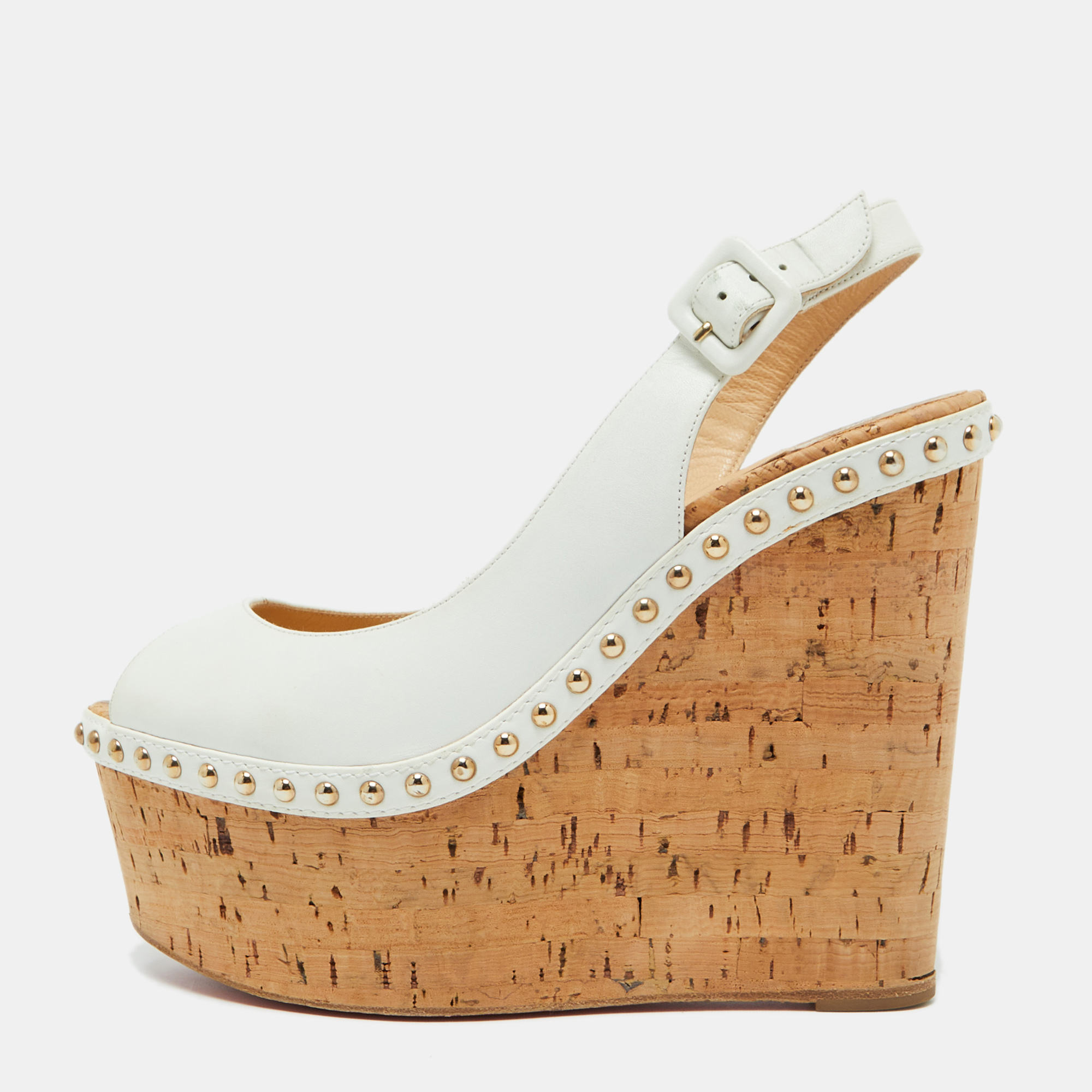 

Christian Louboutin White Leather Monico Cork Platform Wedge Sandals Size