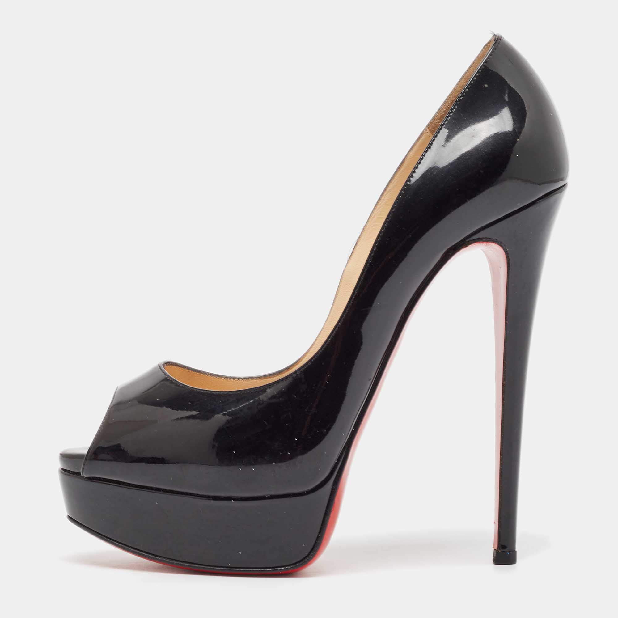 

Christian Louboutin Black Patent Leather Lady Peep Peep Toe Pumps Size