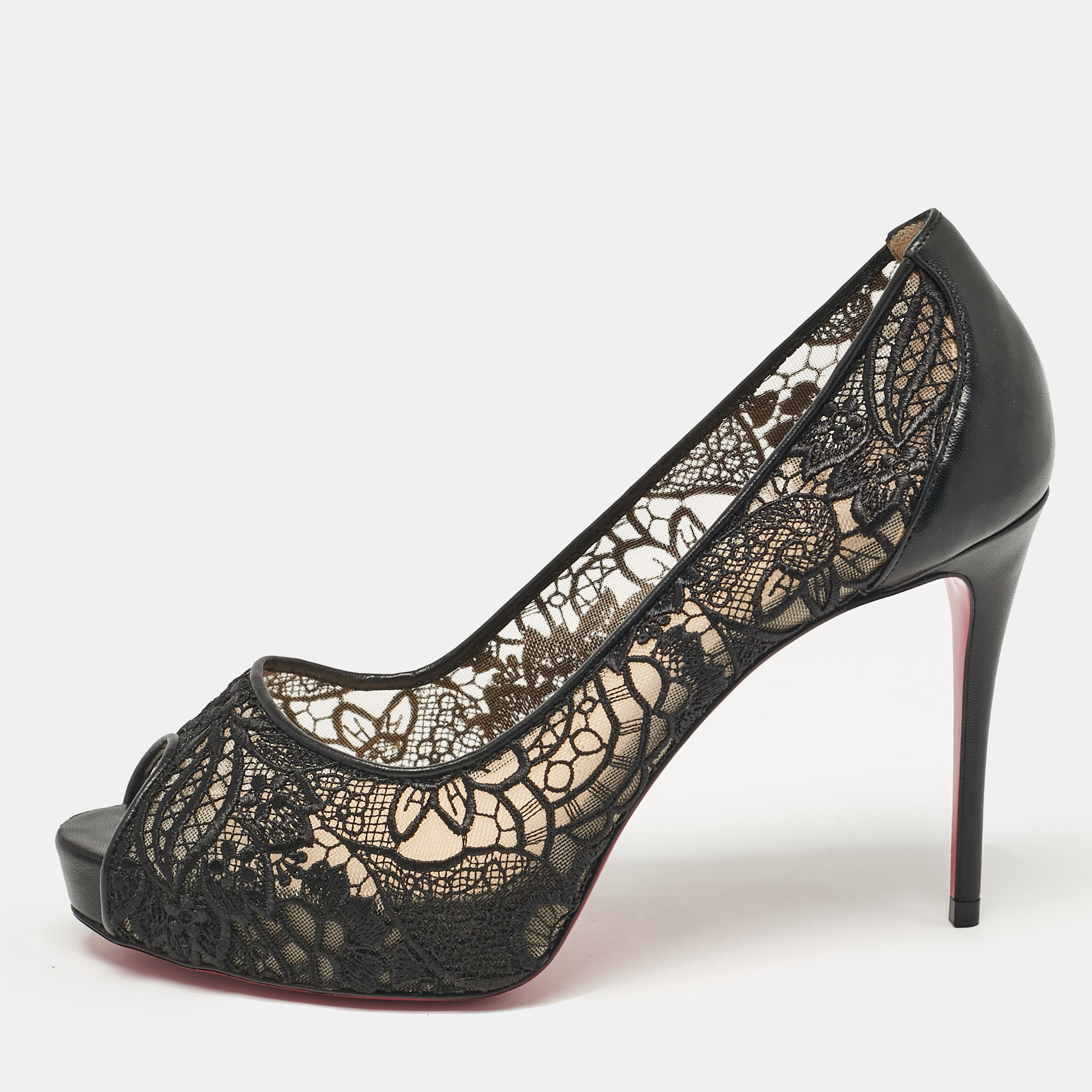 

Christian Louboutin Black Lace and Leather Very Lace Pumps Size