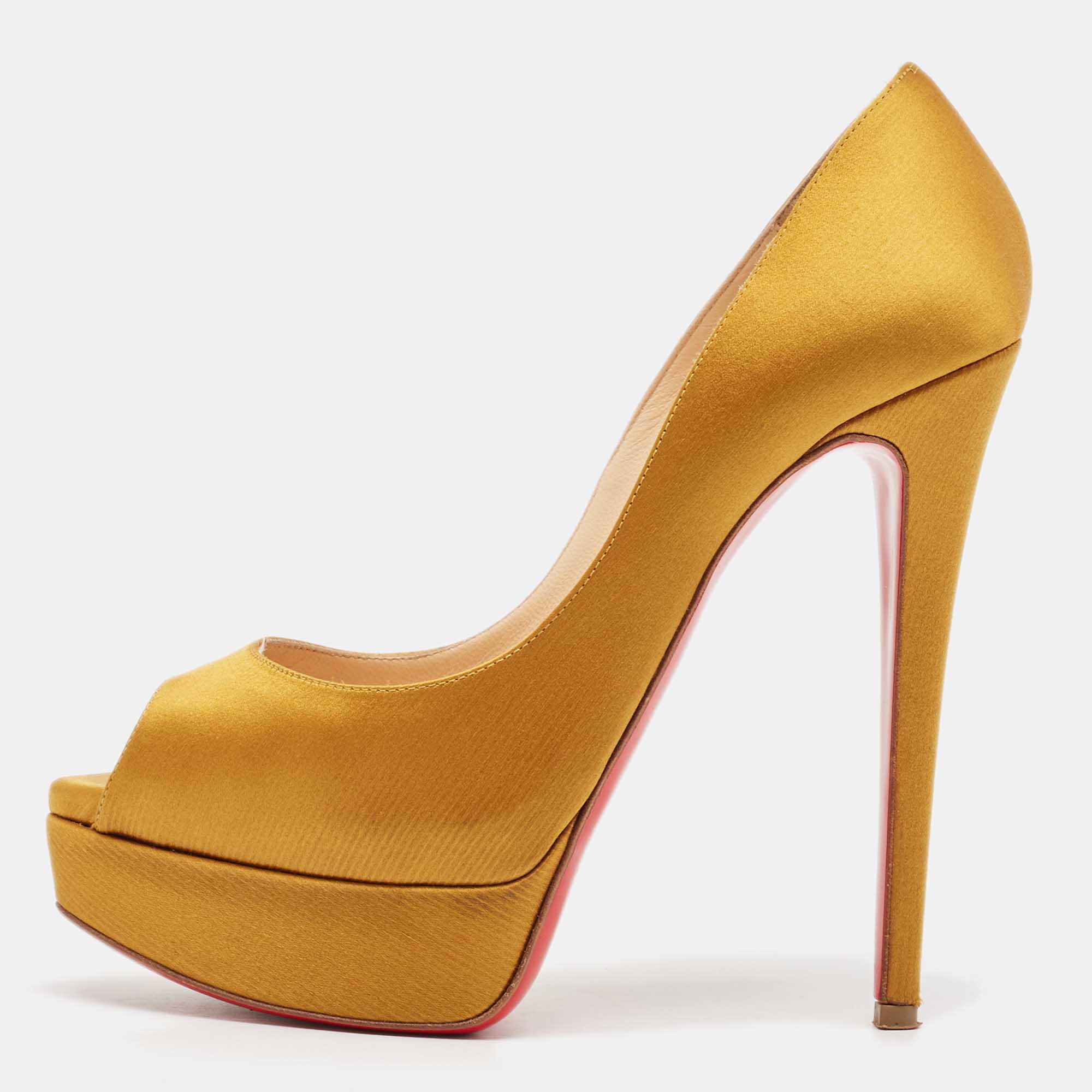 

Christian Louboutin Yellow Satin Lady Peep Pumps Size