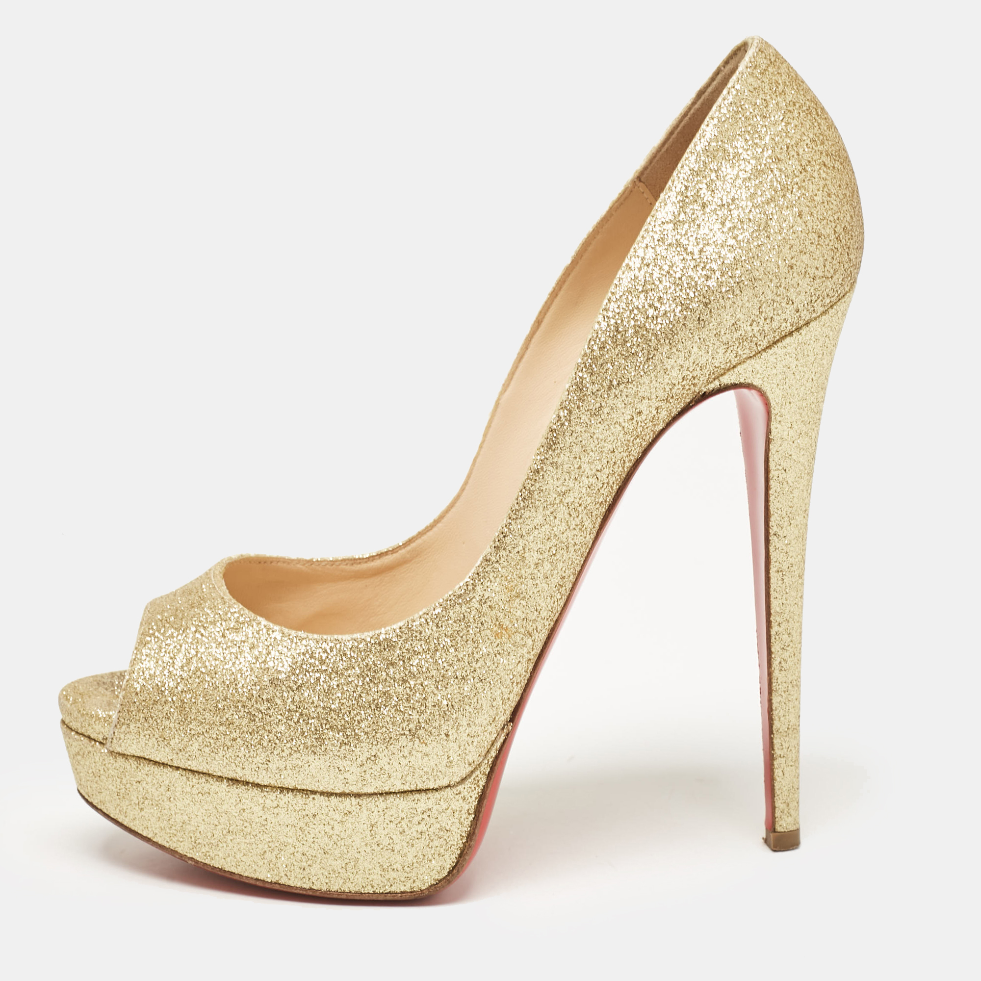 

Christian Louboutin Gold Glitter Lady Peep Pumps Size