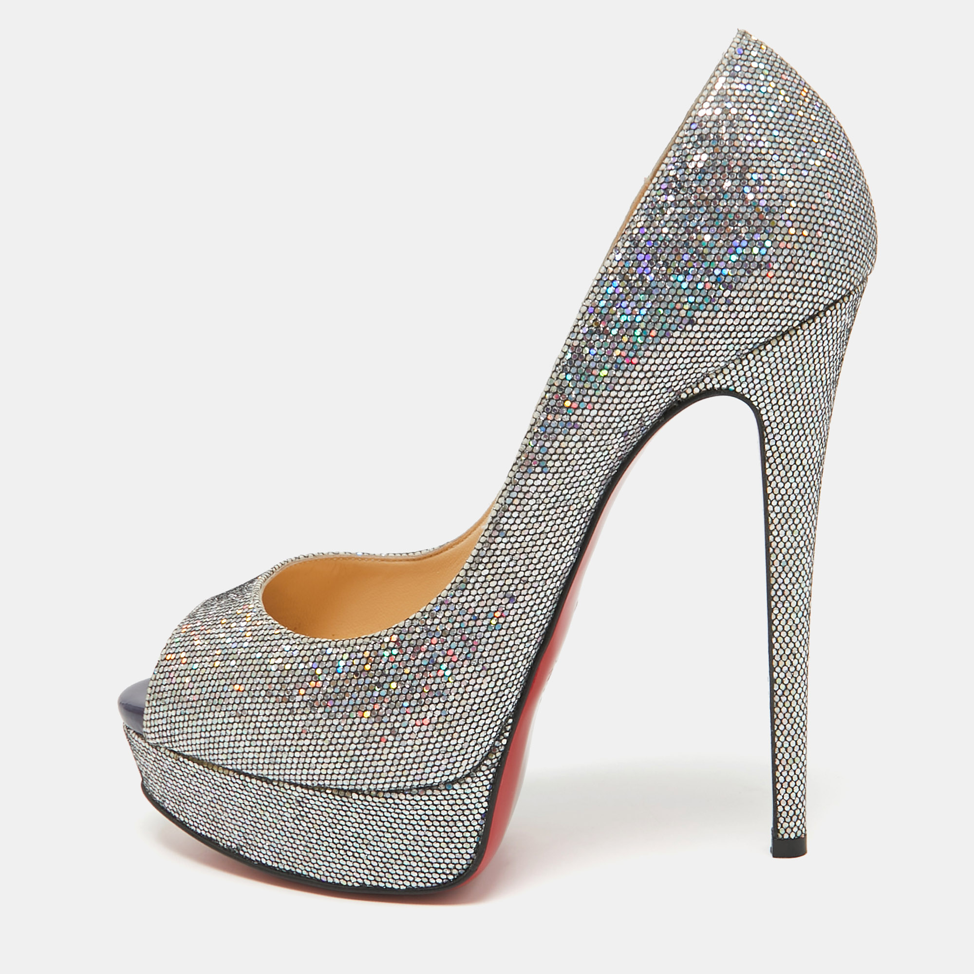 

Christian Louboutin Metallic Glitter Lady Peep Peep Toe Pumps Size