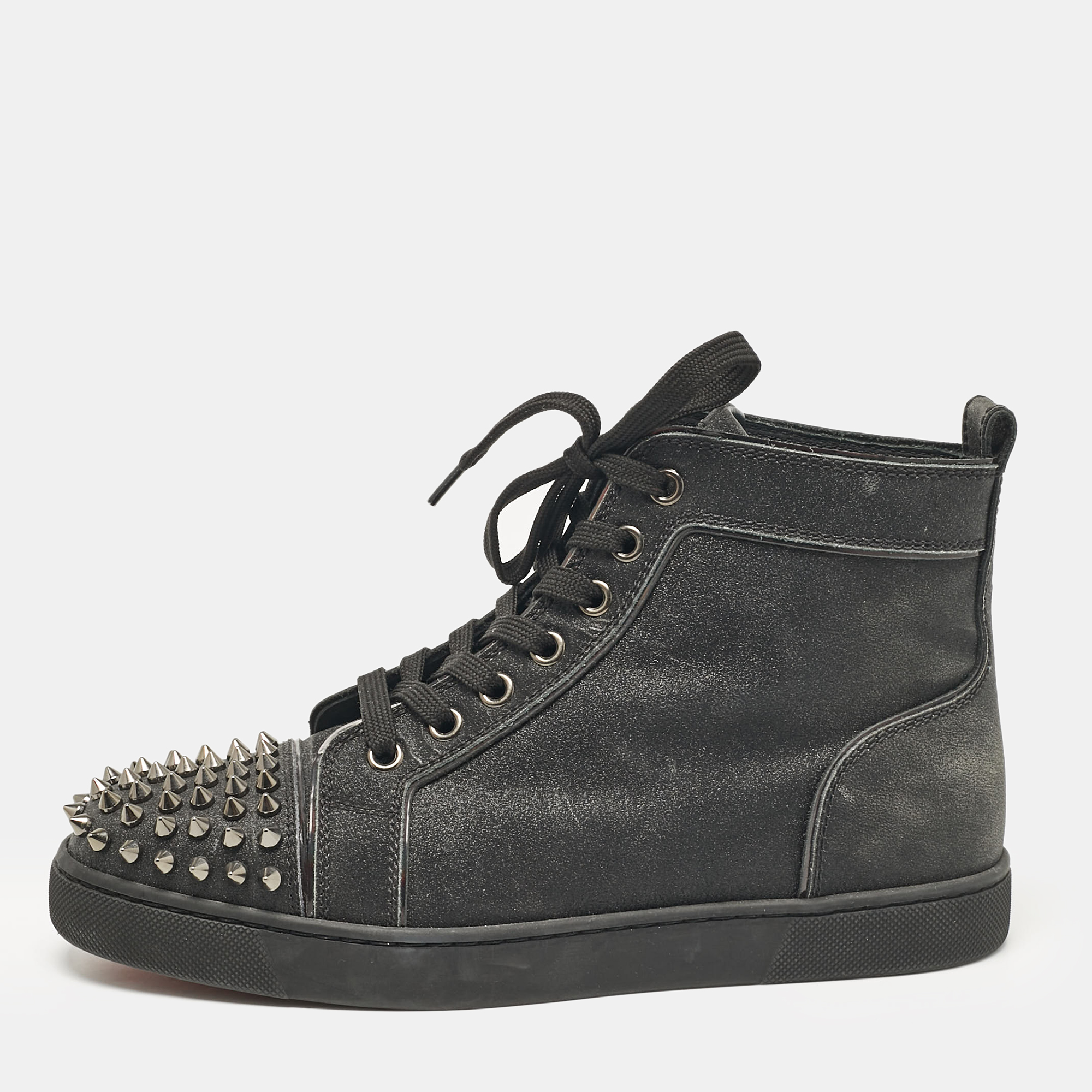 

Christian Louboutin Black Glitter Lou Spikes High Top Sneakers Size