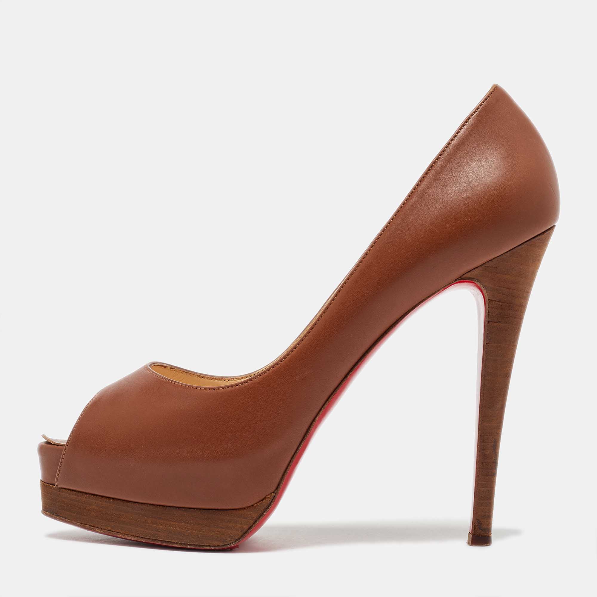 

Christian Louboutin Brown Leather Peep Toe Platform Pumps Size