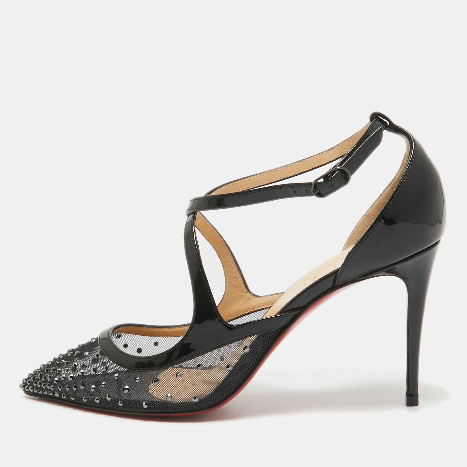 

Christian Louboutin Black Patent and Mesh Strass Twistissima Pumps Size