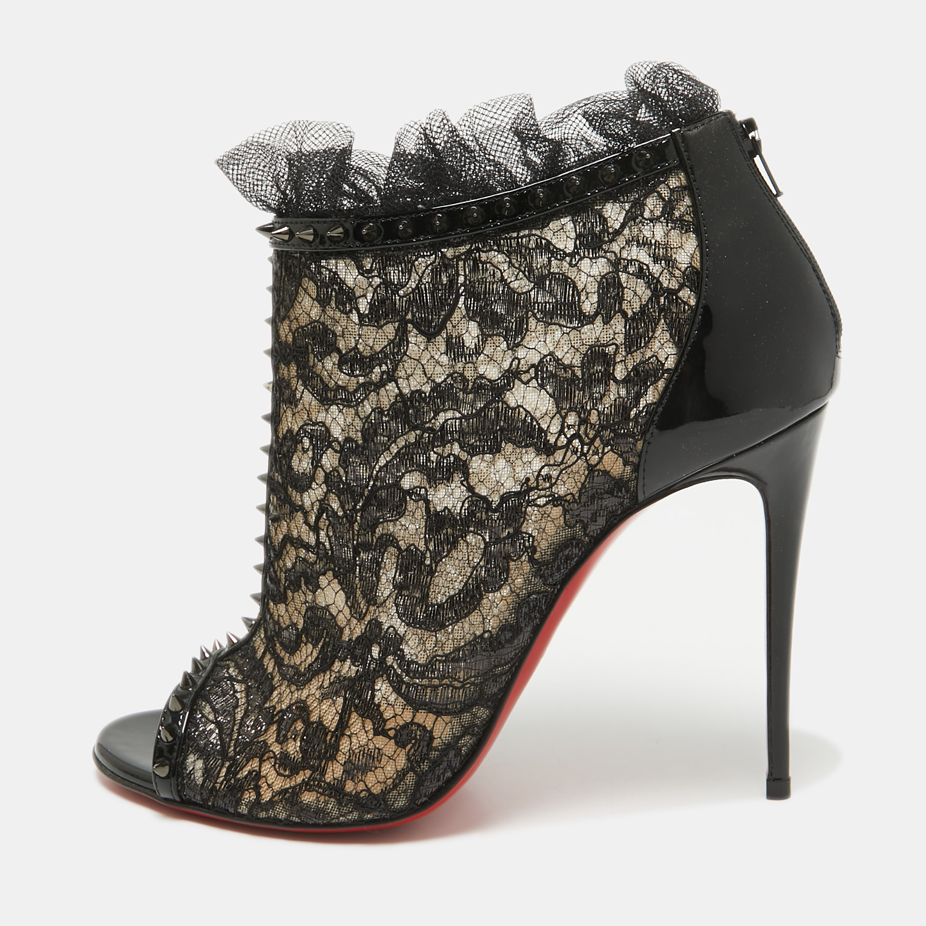 

Christian Louboutin Black Lace and Patent Leather Juliettra Booties Size