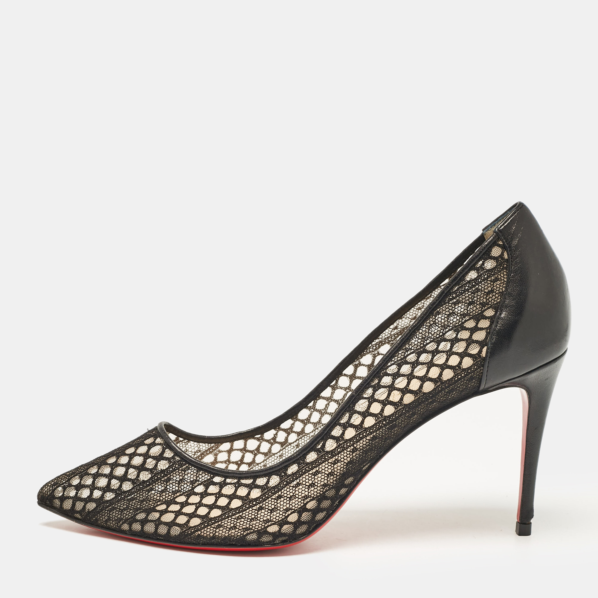 

Christian Louboutin Black Lace and Leather Follies Lace Pumps Size