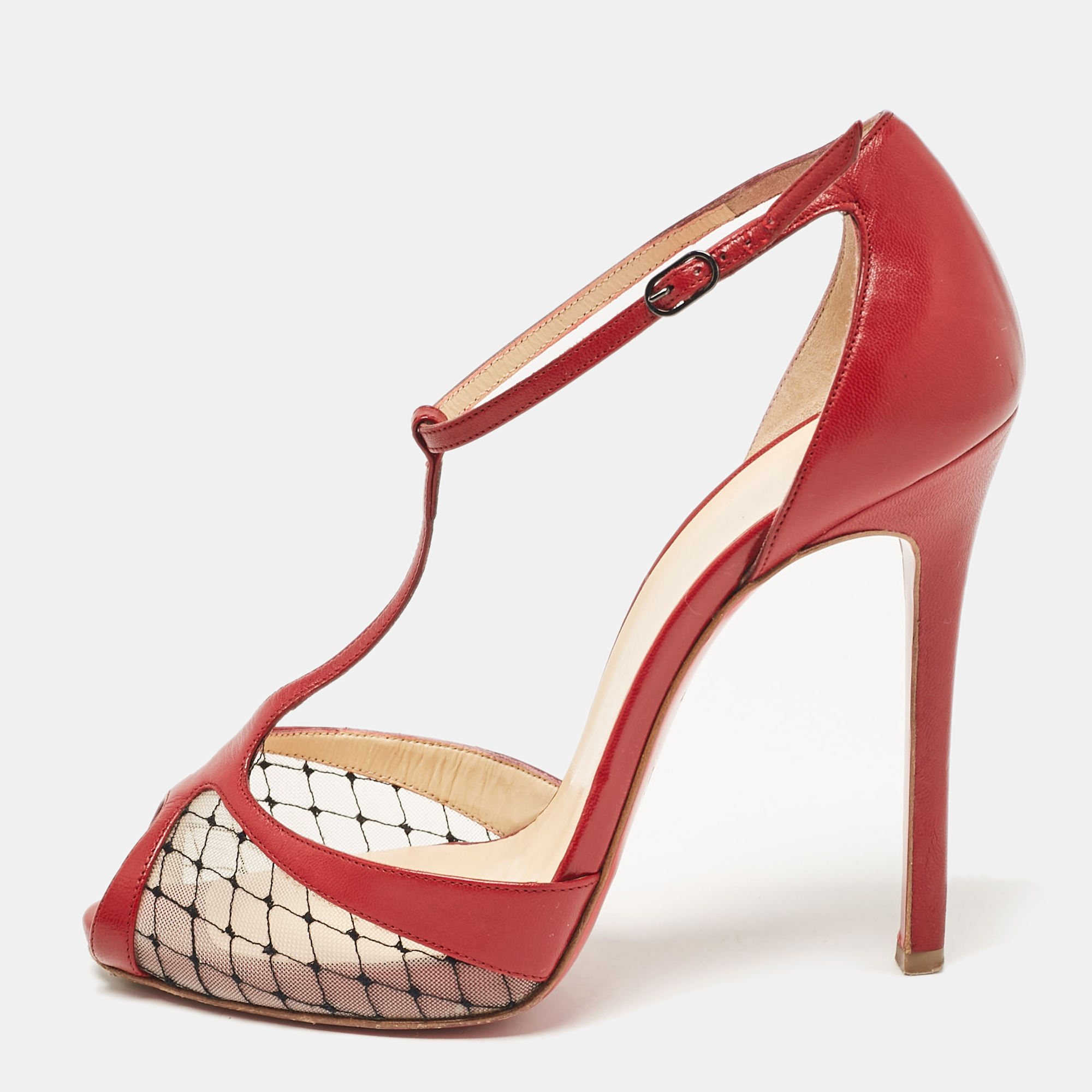 

Christian Louboutin Red Leather and Mesh Peep Toe Sandals Size