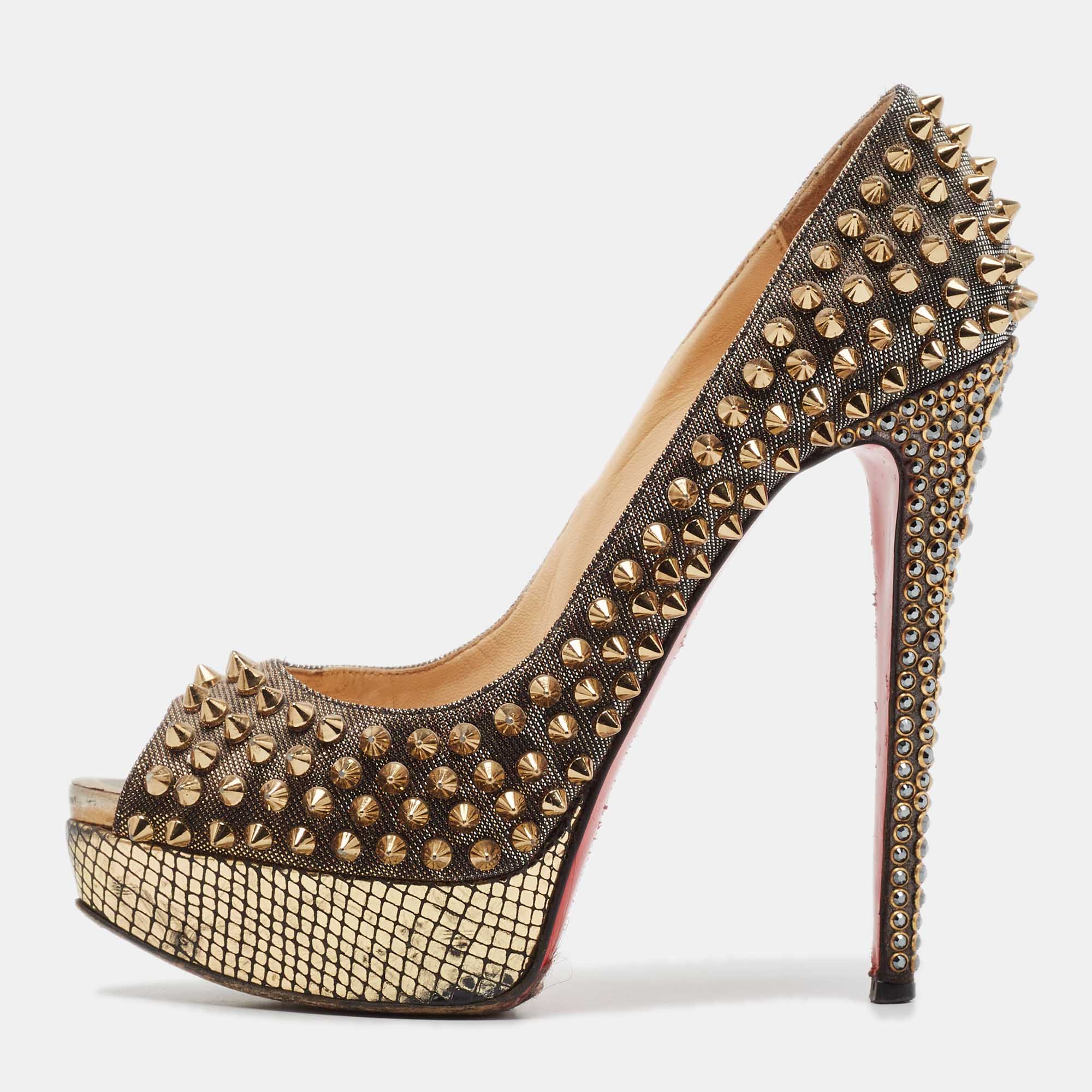 

Christian Louboutin Metallic Gold Lurex Fabric Lady Peep Toe Spikes Platform Pumps Size