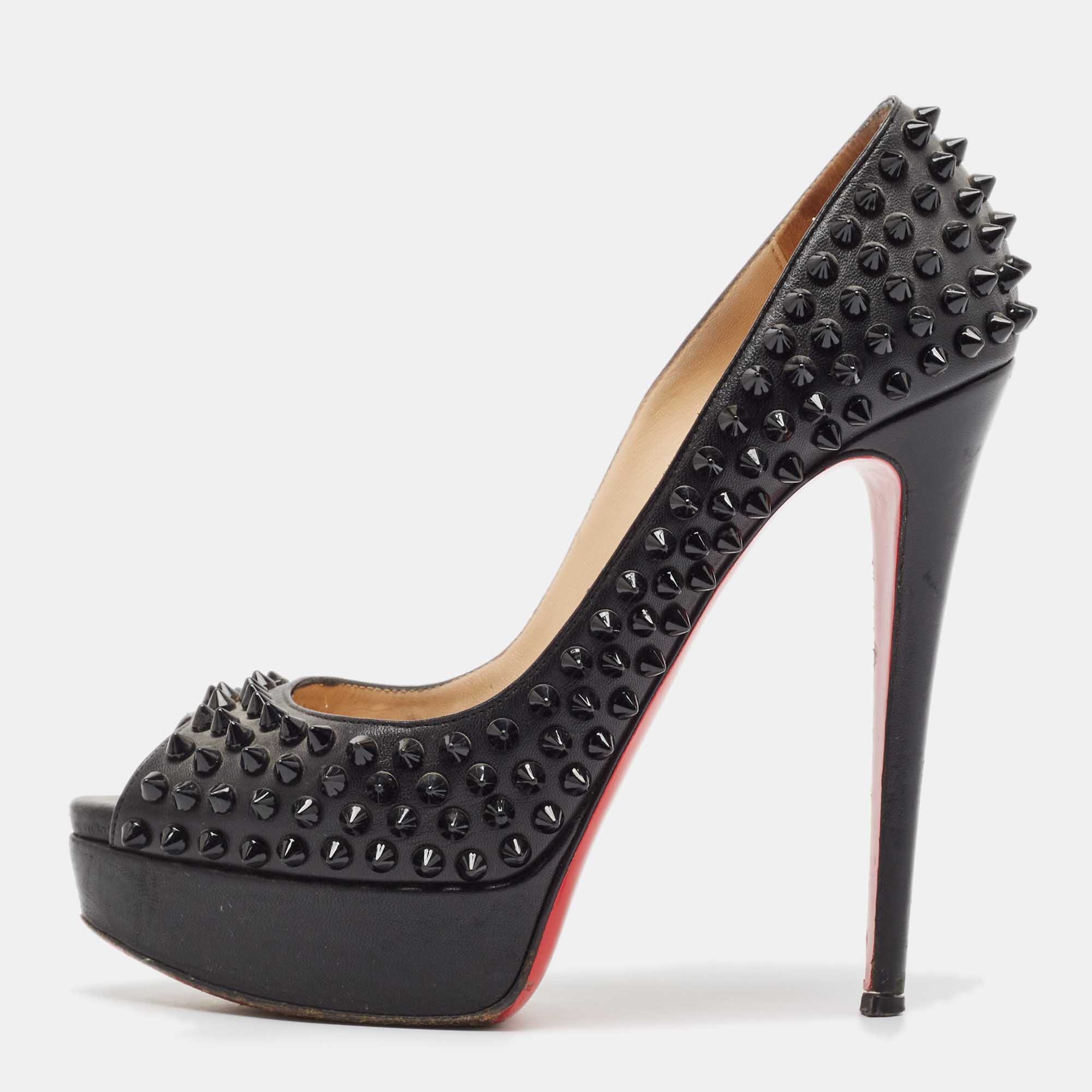 

Christian Louboutin Black Leather Lady Peep Toe Spikes Platform Pumps Size