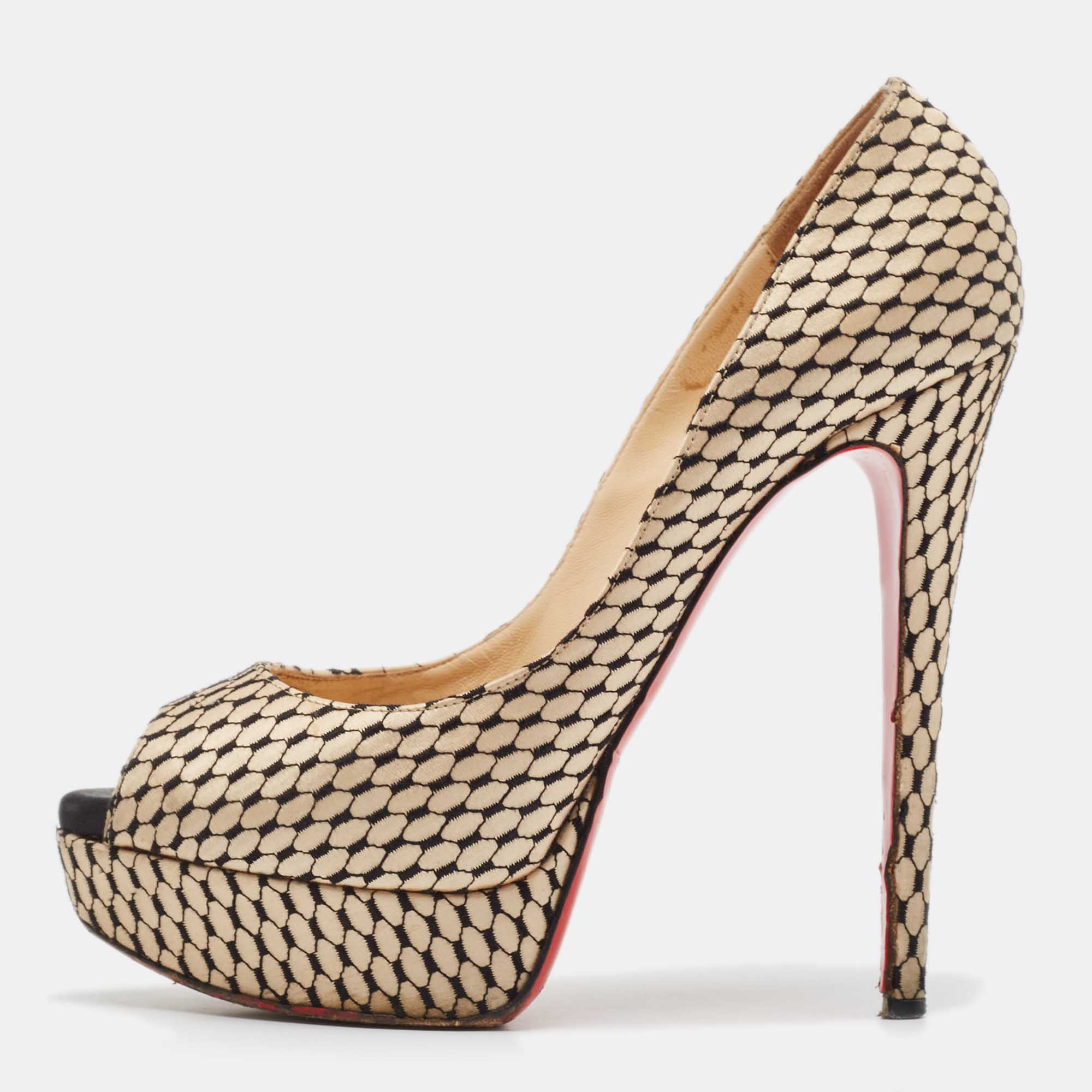 

Christian Louboutin Beige/Black Satin Lady Peep Toe Platform Pumps Size