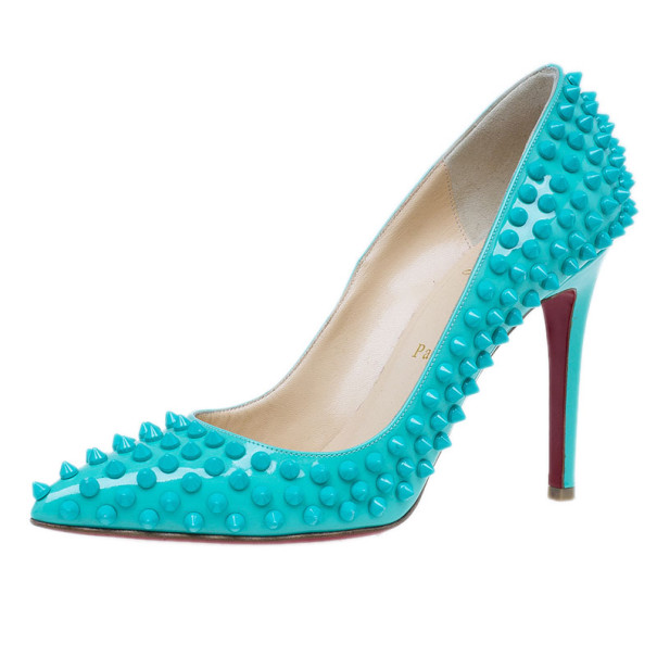 Pre Owned Christian Louboutin Turquoise Patent Pigalle Spikes Pumps Size 38