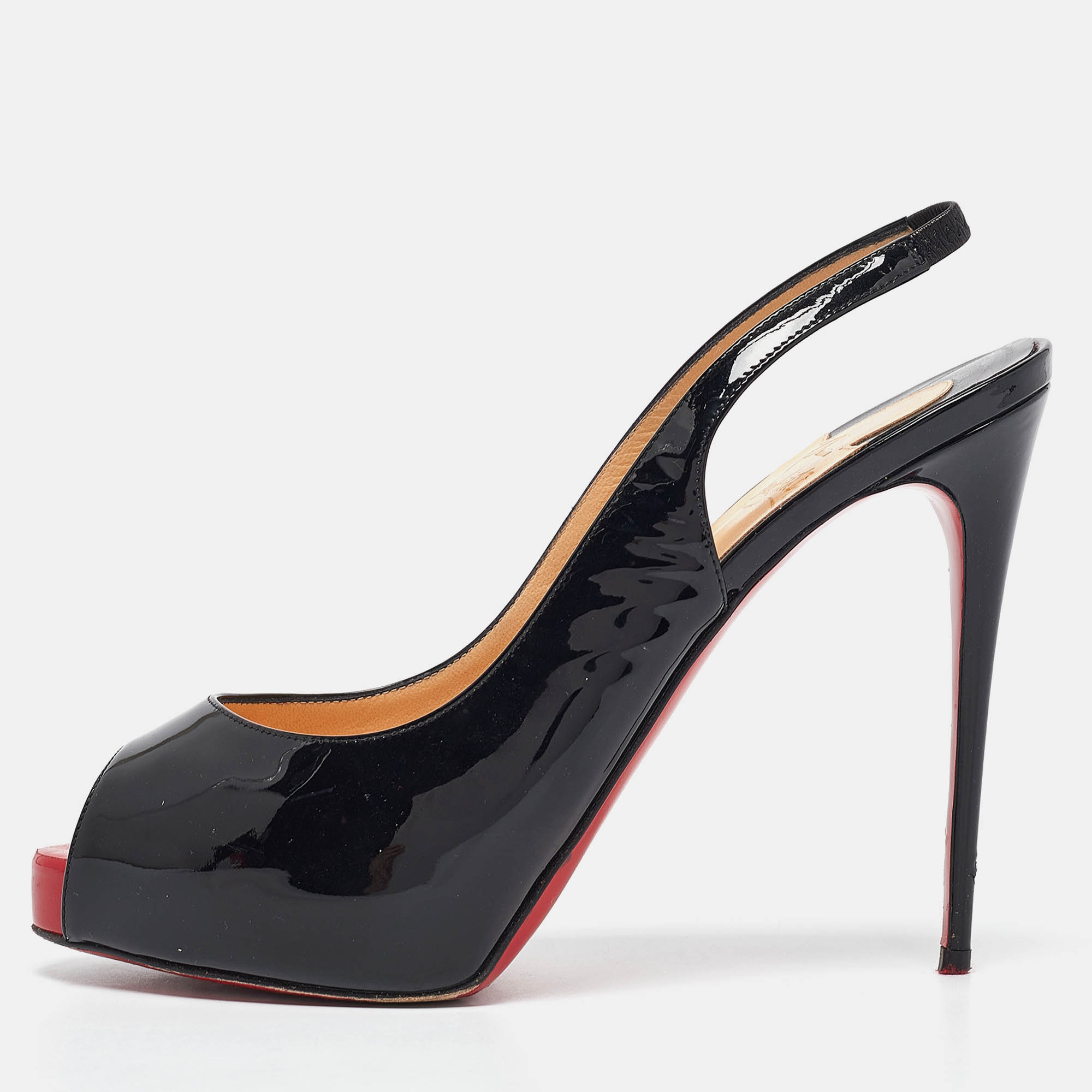 

Christian Louboutin Black Patent Private Number Peep Toe Pumps Size