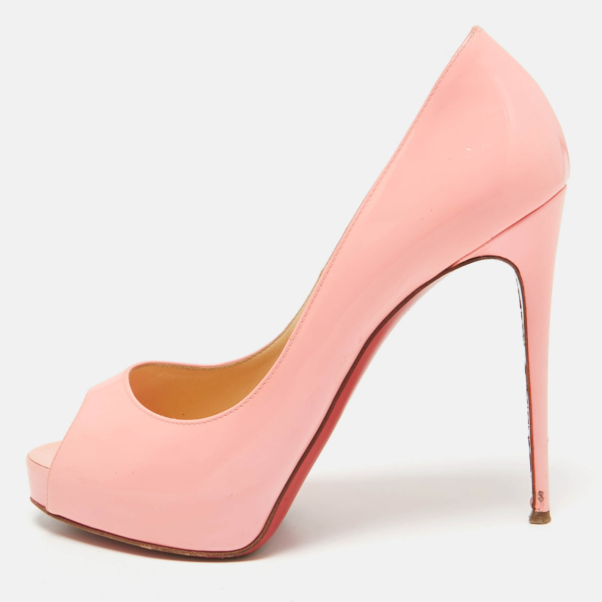 

Christian Louboutin Rose Pink Patent Leather Very Prive Peep Toe Platform Pumps Size