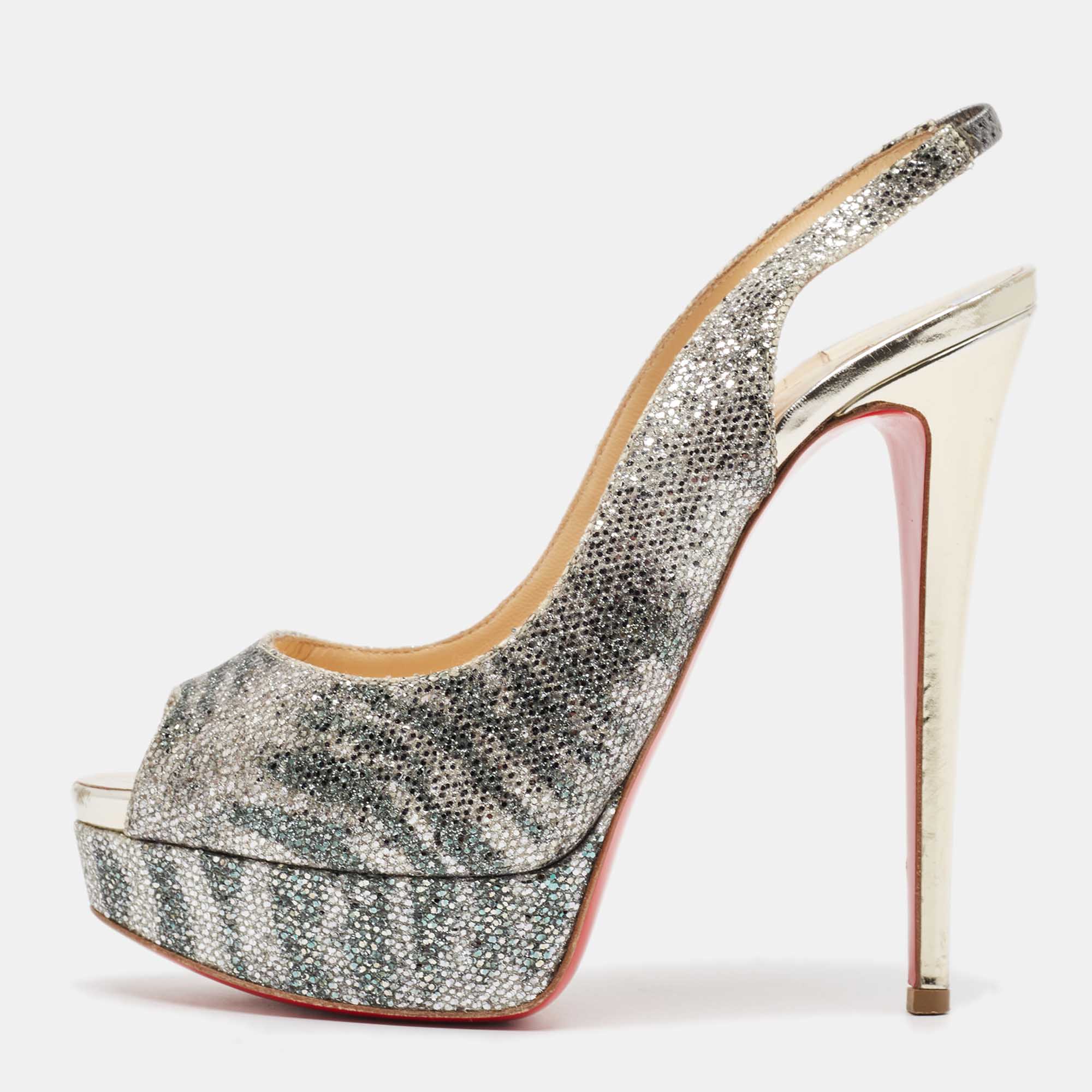 

Christian Louboutin Silver Glitter Lady Peep Sling Pumps Size