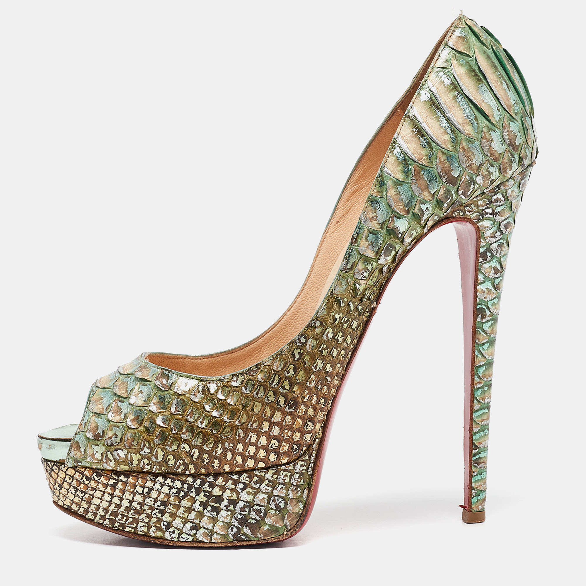 

Christian Louboutin Two Tone Python Lady Peep Pumps Size, Green