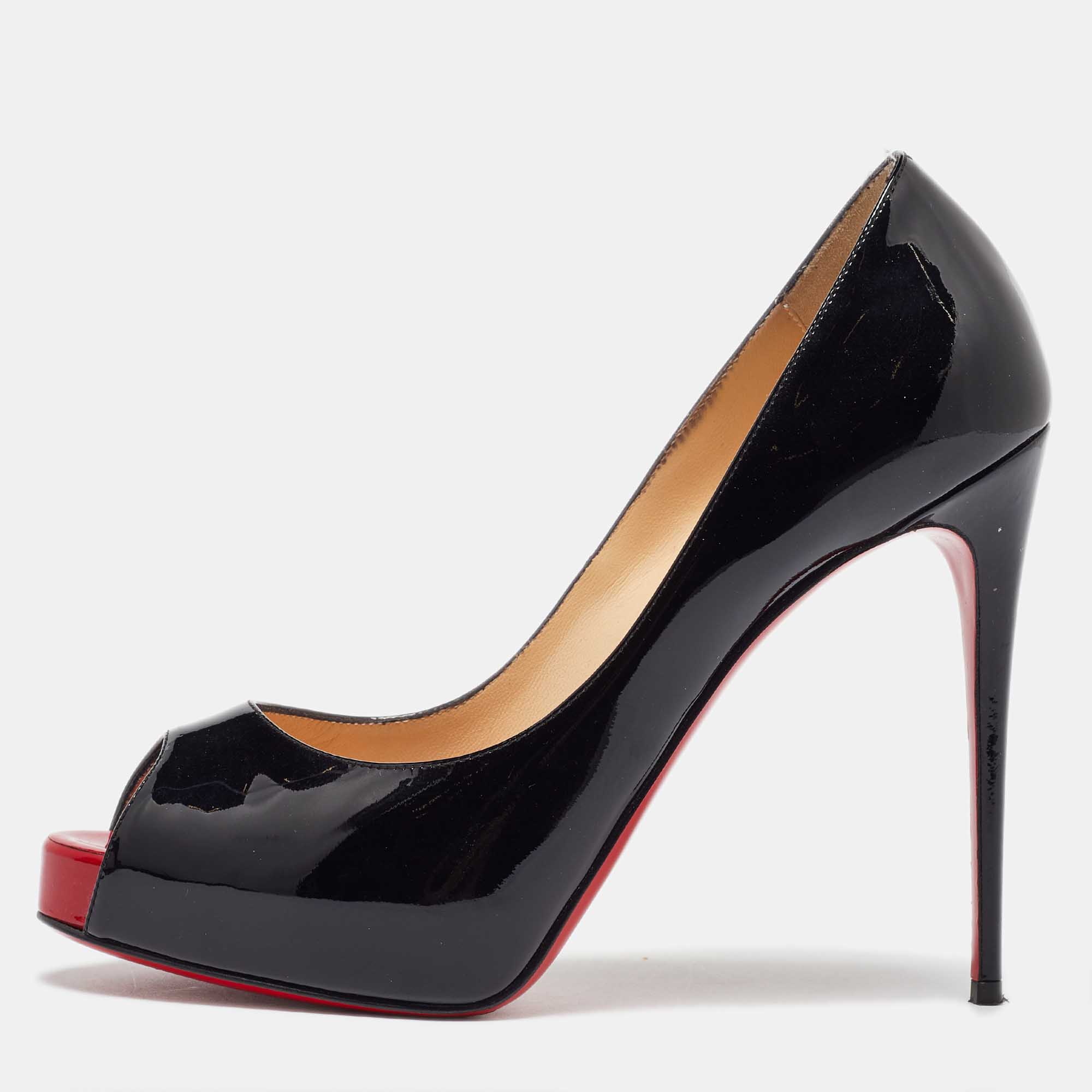 

Christian Louboutin Black Patent Leather Very Prive Peep Toe Pumps Size