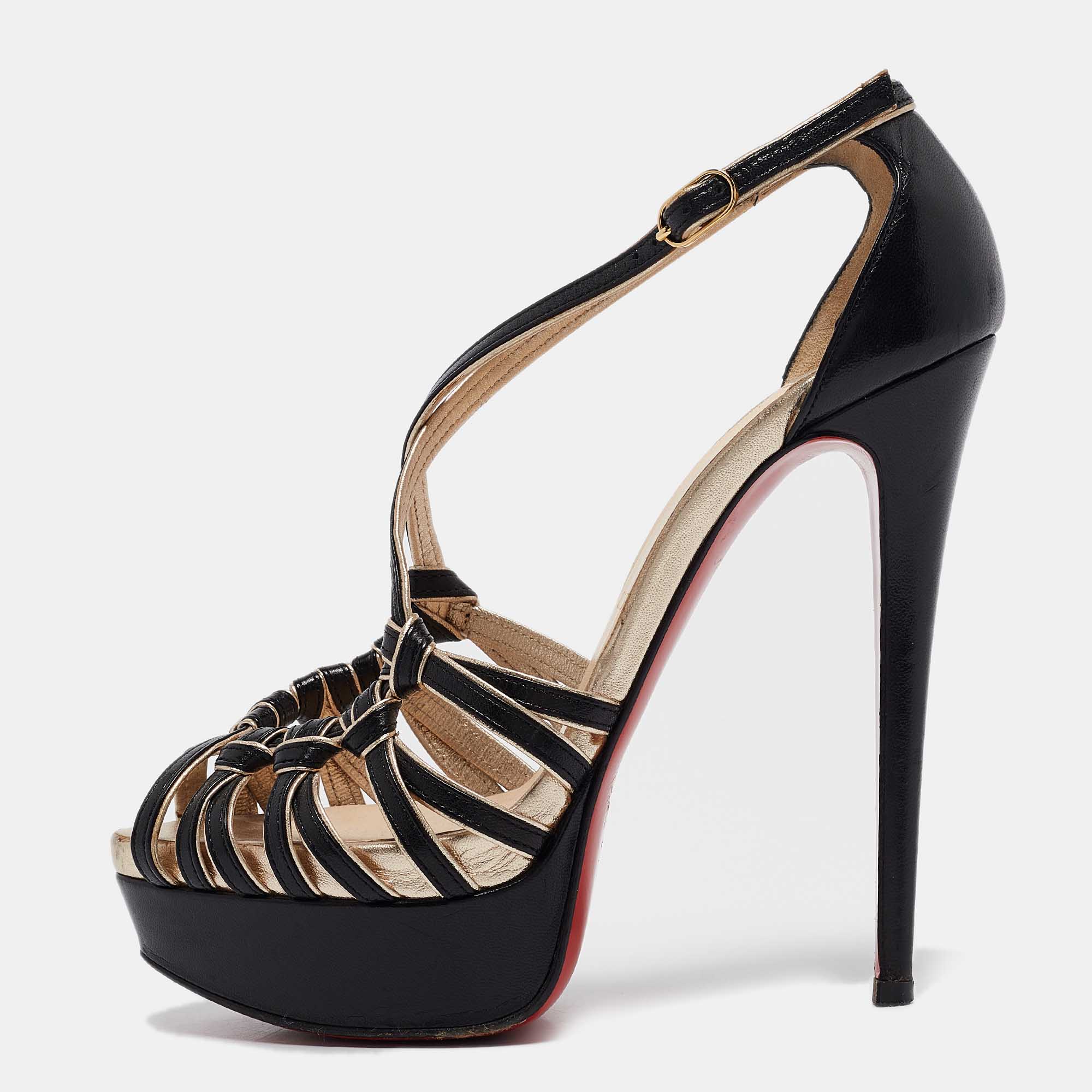 

Christian Louboutin Black/Gold Leather Strappy Platform Sandals Size