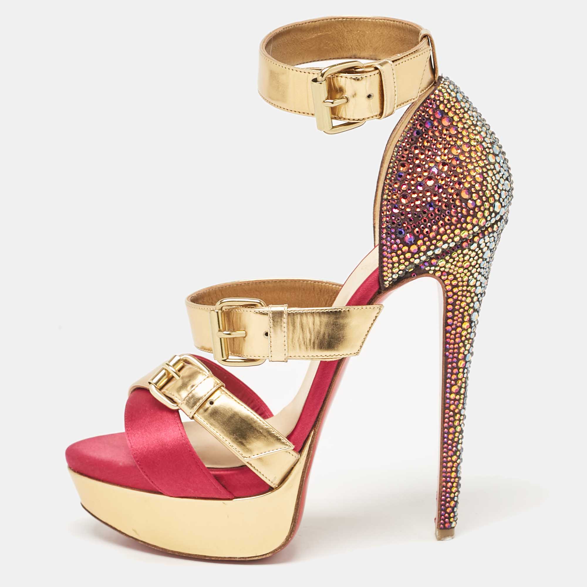 

Christian Louboutin Multicolor Leather and Satin Ambertina Ankle Strap Sandals Size