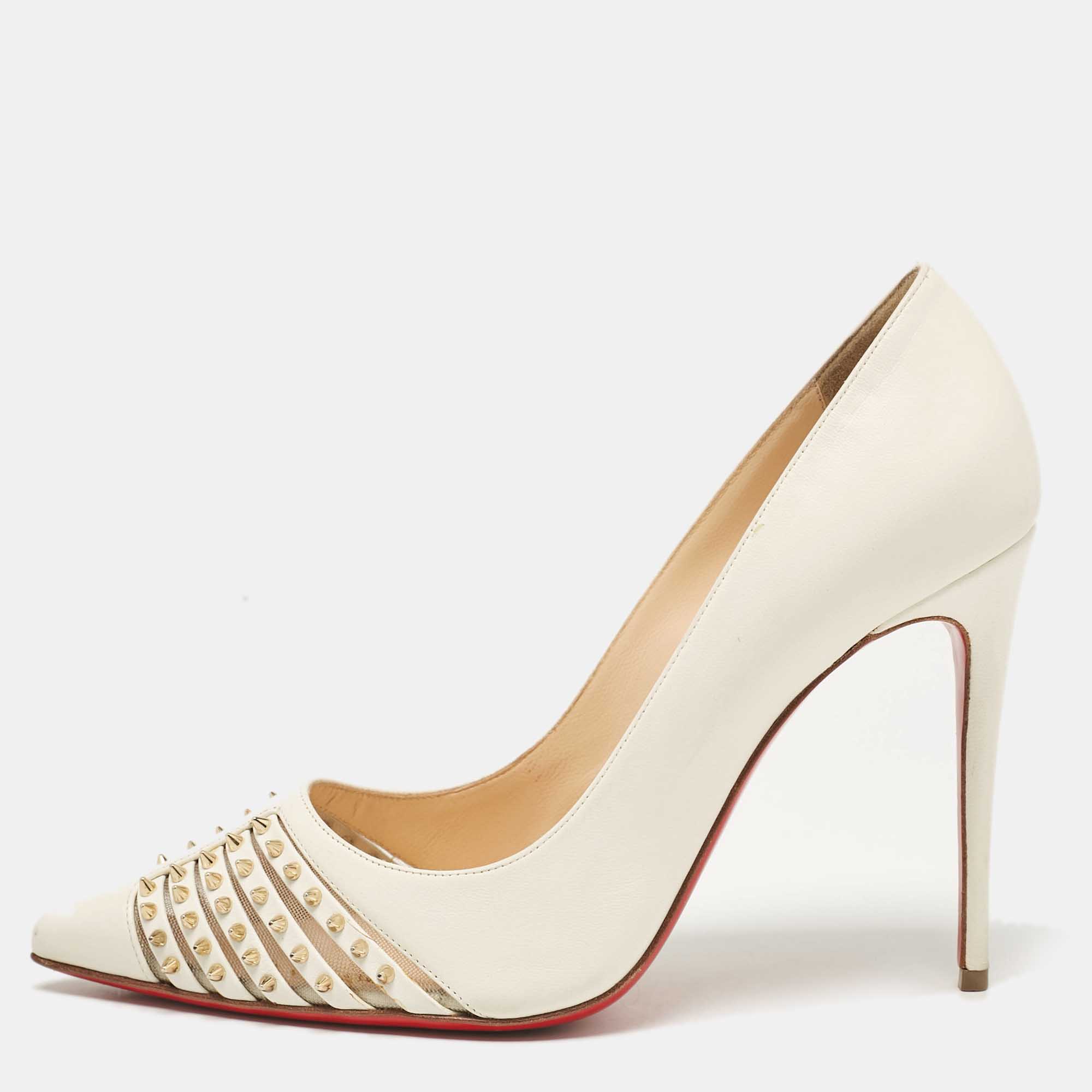 

Christian Louboutin White Leather Spiked Bareta Pumps Size